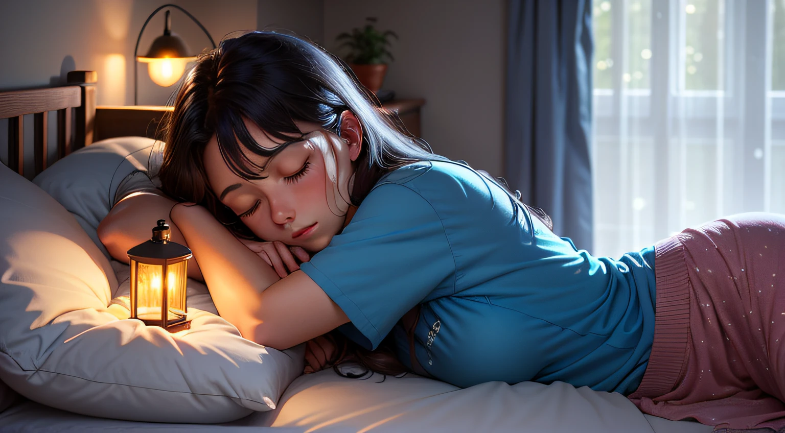 Imagine um suave, comforting illustration of a cute girl was sleeping in a comfortable bed, eyes locked, blue T-shirt. Long flowing hair. dark bedroom, except for the soft light emanating from a bedside lamp near the bed, That casts a warm glow on your peaceful face. Through the half-open window, The starry night stretches, fullmoon, creating a magical contrast between the peaceful interior and the mysterious outside world. Light curtains move slightly in the night breeze, adding a touch of movement to this tranquil scene.