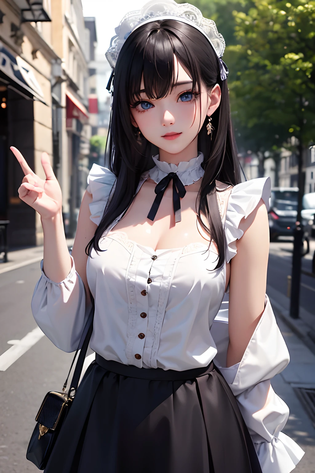 1girl in、looking at the viewers、
The upper part of the body、Beautiful blue eyes、Twin-tailed black hair、Moles under the eyes、Plump and glossy lips、Heart-shaped choker、gazing at viewer、smiling at the viewer、。.。.。.。.。.。.。.。.。.。.。.。.。.。.。.。.。.。.。.。.。.。.。.。.3D、realisitic、
Blouses with ruffles、Ultra mini skirt、florals、Lace trim、Paris, France、cafe terrace、
​masterpiece、top-quality、8K、detailed skin textures、Detailed Cloth Texture、beautifull detailed face、intricate-detail、ultra-detailliert、
Rim lighting、Side lighting、ciinematic light、超A high resolution、8K UHD、film grains、Best Shadow、delicated、gazing at viewer、front facing