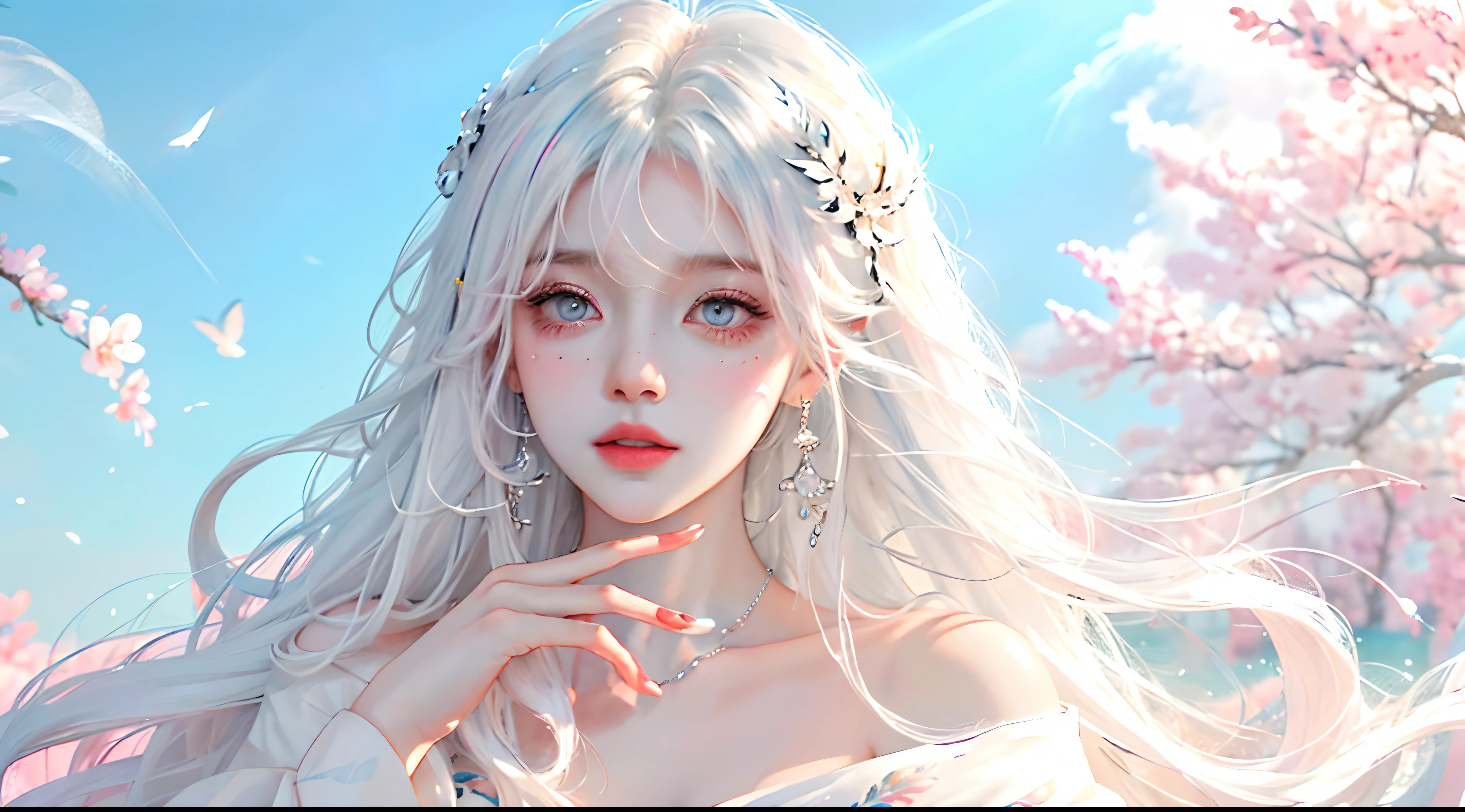 (Hyper-realistic) , (illustratio), (Increase the resolution), (8K), (RAW photos,best qualtiy),(realisticlying,photograph realistic:1.3),best qualtiy,highly detailed,tmasterpiece,(from the above), (dynamicposes),(((White cloud background))),(((high saturated))),(((Surrounded by colorful splashes))),(1girll:1.3)、Close-up of a woman with long hair and white dress,White-haired deity,Belle peinture de personnage,flowing hair and long robes,Yang J,Long white hair,long white hair,Guviz,Guviz-style artwork,Yukienna's glare,Anime figure,Zeng Jing,(8K, yes,RAW photogr,best qualtiy,A masterpice),(photon maping,Radiance,physically-based renderingt,automatic white balance),ultra - detailed,Beautiful and aesthetic,big breasts beautiful,tmasterpiece,best qualtiy,