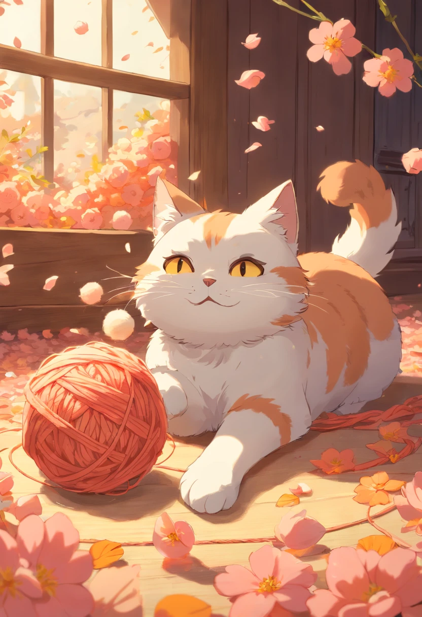 masterpiece, best quality, cat and ball of yarn, cat playing with ball of yarn, details, warm colors, falling peach petals around, cat anime, cute