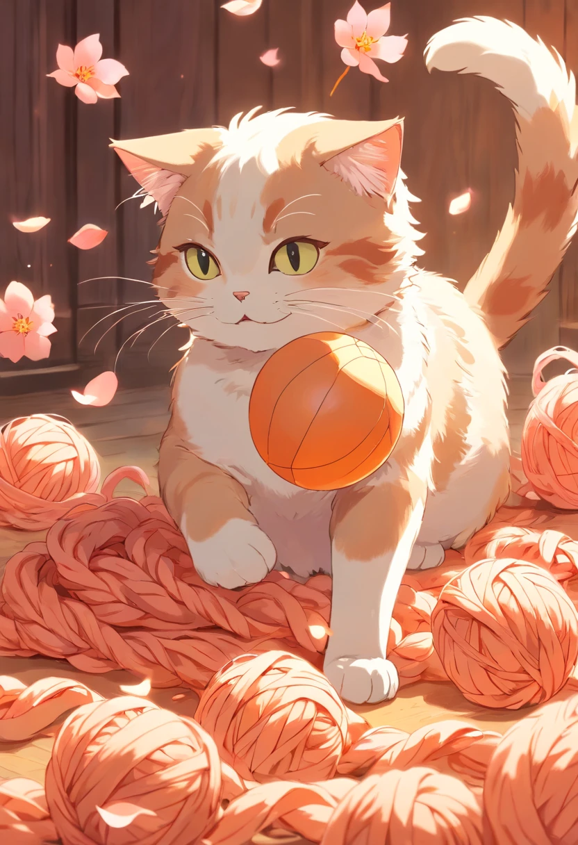 masterpiece, best quality, cat and ball of yarn, cat playing with ball of yarn, details, warm colors, falling peach petals around, cat anime, cute