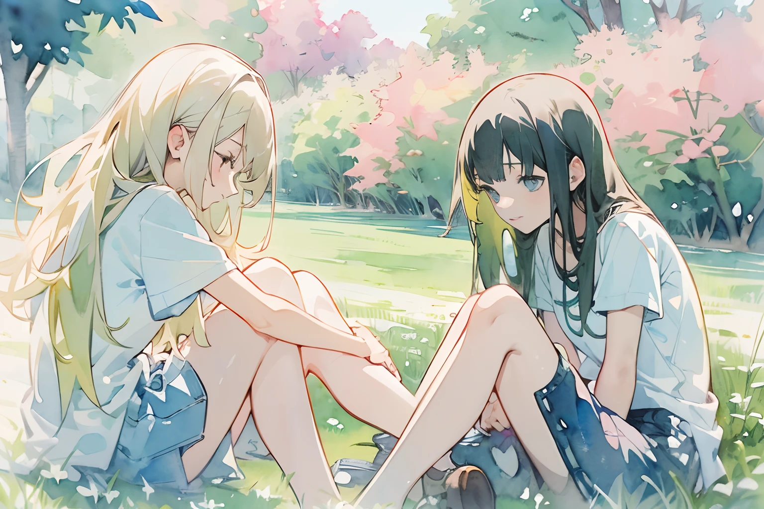 ((masutepiece)), (Professional Photography:1.2), (High Definition:1.3), Best Quality, (watercolor painting:1.3), wide shot, the beautiful large lawn, (simple white background:1.10), pale blue, 2girl wear T-shirts, teenage, sit, long blond hair and long black hair