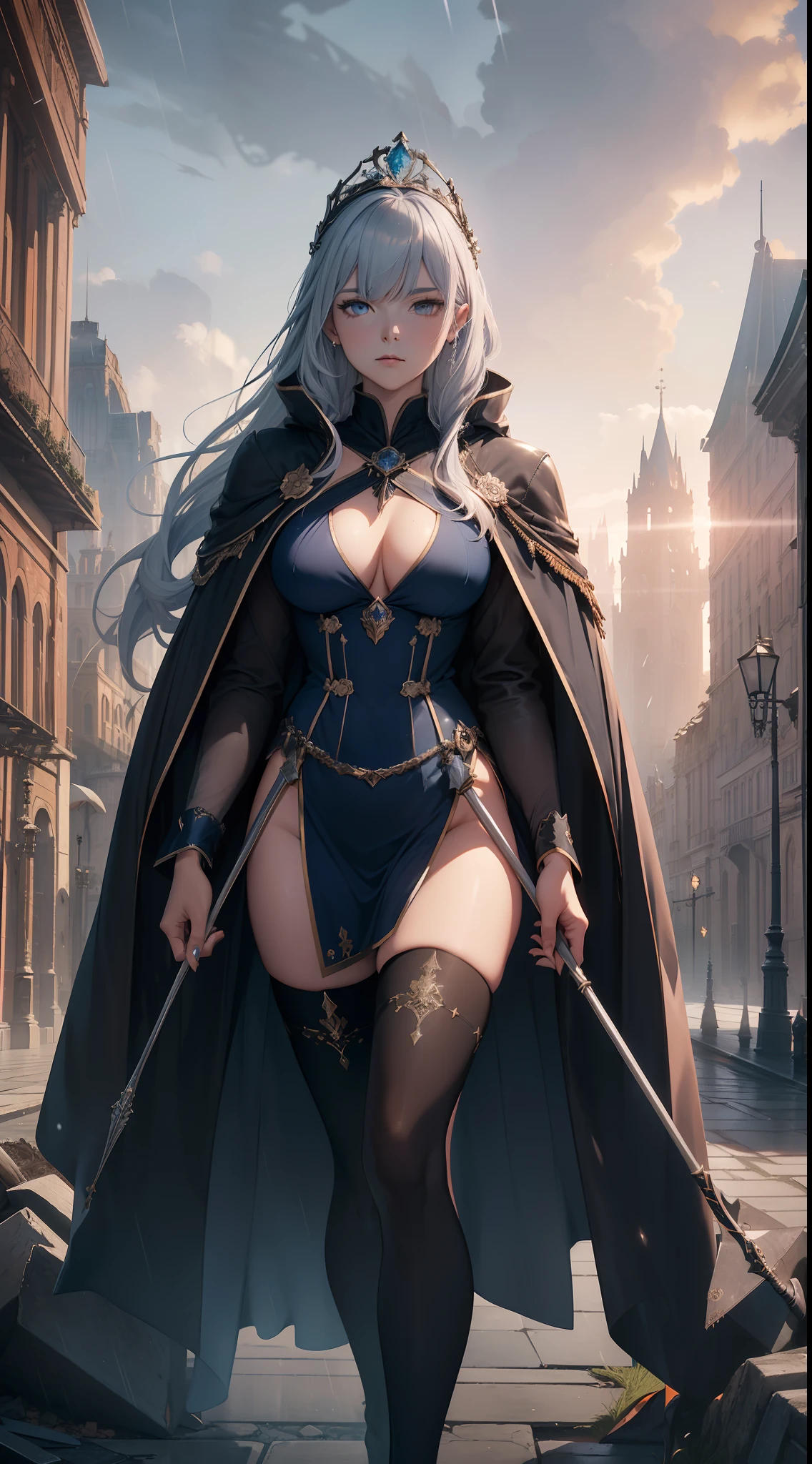 masterpiece, ultra detailed, 8k portrait, RAW photo, highly detailed, Ambient lighting, Shadow details, medieval fantasy, world of swords and magic, strong breeze, Light fog, Destroyed Stone buildings, well-ordered cobblestone walkways, central plaza, Destroyed temples, Destroyed stalls, Destroyed flower beds, and the royal castle at the end of the main street, (((((Destroyed cityscape))))), (((guillotine inthe central plaza))), ((Visibility is poor due to drizzling rain)), (((((public execution))))), beautiful and meticulous eyes, ((Fantasy)), Young beautiful, 22 years old, dynamic pose, (((expressionless))), (((blue gray colored hair))), ((one side braided with orange hair ribbon))), blunt bangs, White skin color, ((silver tiara)), Luxury, (((silver Silk Long Cloak))), (((Gorgeous Deep blue long robe))), (((dark thigh high tights))), high cut leather boots, ((lift up long magical staff)), Midday Sun, hyper realistic, Body model, Small breasts, Beautiful breasts, Long legs,