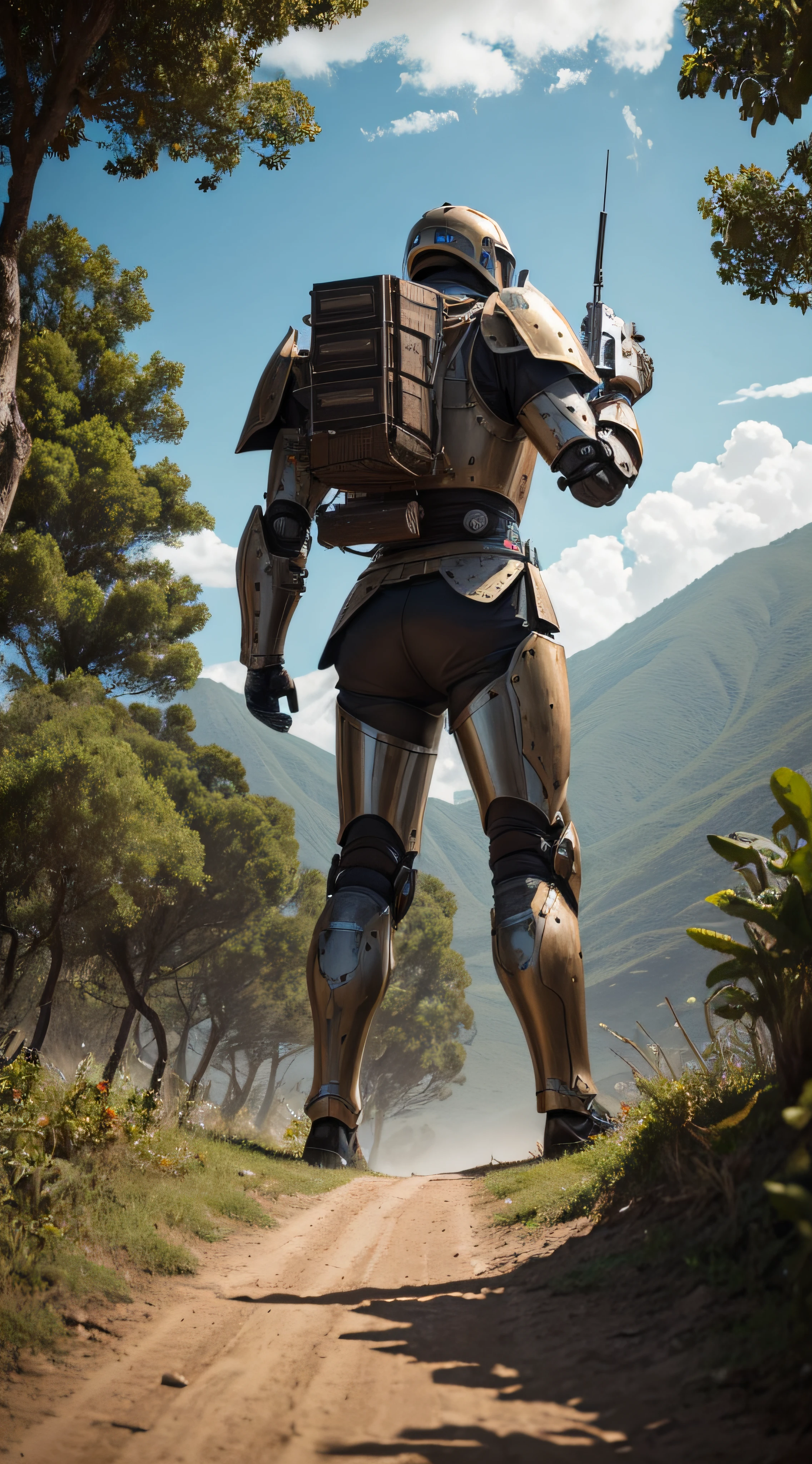 (extremadamente detallado, obra maestra, La mejor calidad, foto antigua, principios de siglo, VHS Aesthetics) Soldado con una robot heavy armor. Armas grandes, cannons on his back. motosierras. pieles de animales. In the middle of a strange jungle. Vegetables from another dimension. Epic flowers far away, organic trees with meat. Luz noche.