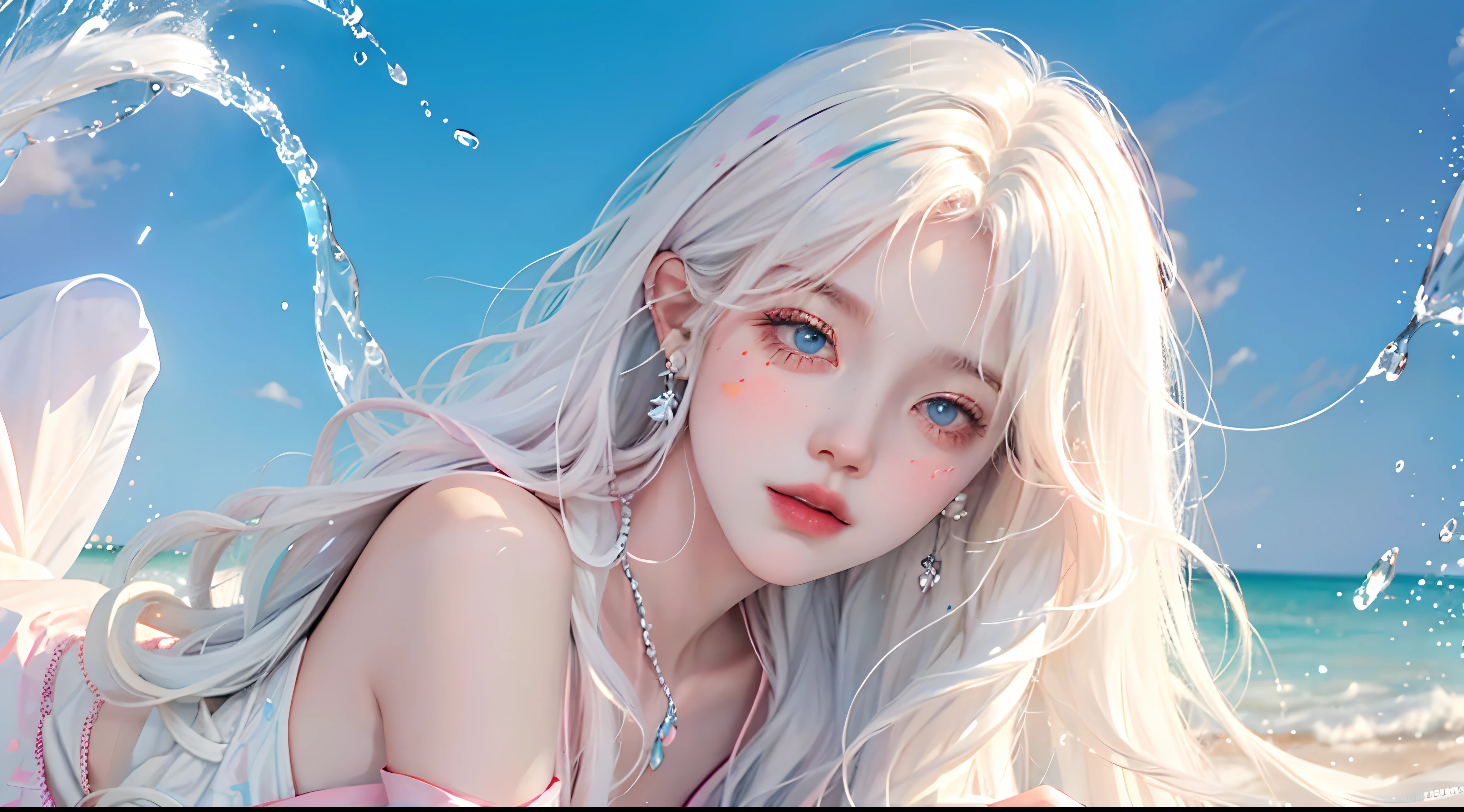 （tmasterpiece、best qualtiy、A high resolution），white backgrounid，Acrylic paints，（（splash of color，Splash ink、Color splattering）），Sweet Chinese girl，light blue long hair，[light blues|Pink big breasts]the hair，curlies，glitters，Pink lips，White color blouse，frontage，Upper body masterpiece，Need，ultra - detailed，illustration，sportrait，1girll，Colorful eyes，long whitr hair，curlies，By bangs，Look sideways at the camera，with a pure white background，gradient backgrounds，Harnes，cropped shoulders，Modern dress ，swordsman，White hair，White-haired god，