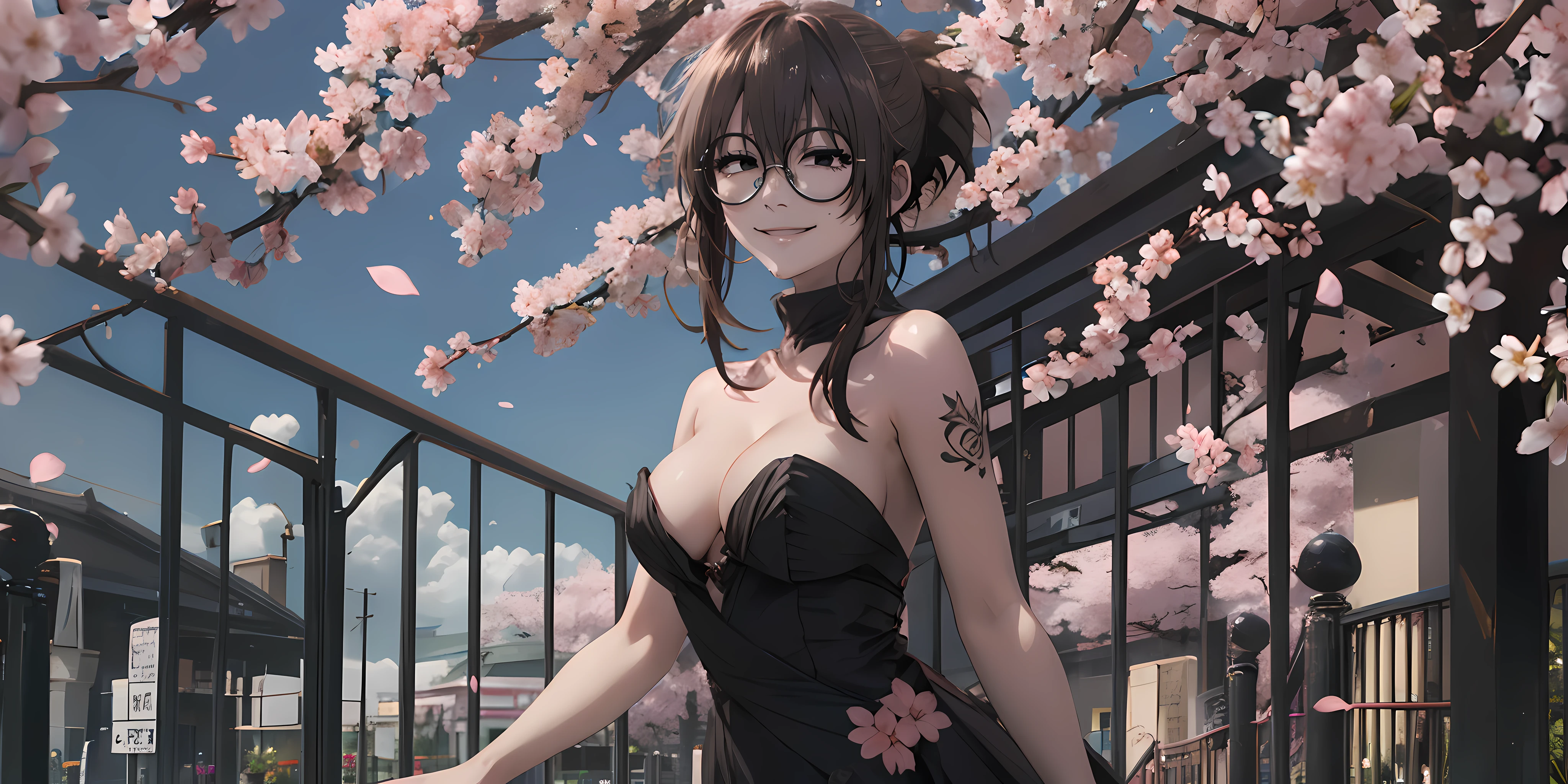1girl, breasts, cherry_blossoms, long_hair, solo, flower, cleavage, tattoo, hair_ornament, dress, sky, black_dress, petals, smile, black_hair, tree, hair_flower, bare_shoulders, looking_at_viewer, pink_flower, medium_breasts, outdoors, blue_sky, bangs, brown_hair, brown_eyes, hair_between_eyes, cloud, lips, water, sleeveless, day, strapless, blush, shoulder_tattoo, parted_bangs, very_long_hair, parted_lips, uguisu_anko, (glasses, round eyewear, brown hair, folded ponytail, black eyes:1.4), gesugao,
