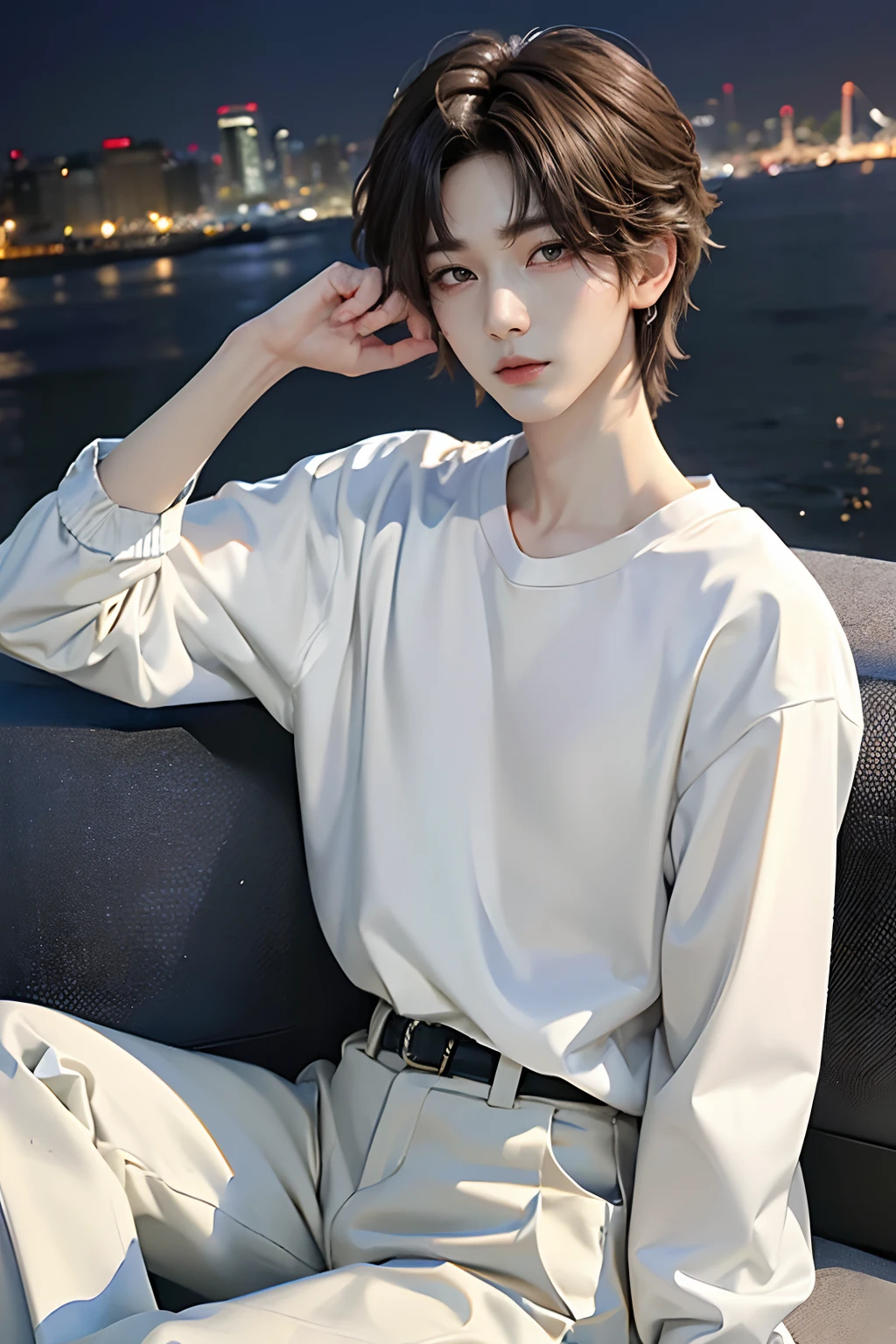 masterpiece、(top-quality)、((high-level image quality))、One Manly Boy、Slim body、((White Y-shirt and long black pants))、(Detailed beautiful eyes)、Night city、sitting on a curb、Face similar to Chaewon in Ruseraphim、((short hair above the ears))、((Smaller face))、((Neutral face))、((Light brown eyes))、((Korean boy))、((18year old))、((Handsome man))、((Wild look))、((Korean Makeup))、((elongated and sharp eyes))、((Sit in front of the viewer))、((Photograph him from afar))