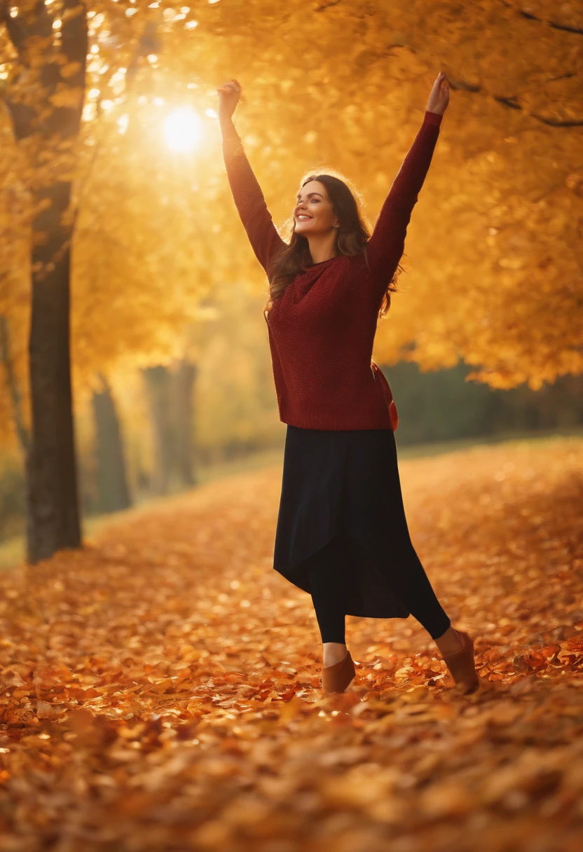 (best quality,4k,8k,highres,masterpiece:1.2),ultra-detailed,(realistic,photorealistic,photo-realistic:1.37),autumn leaves,girl,picking leaves,dancing in the wind,brown hair,flying leaves,playful smile,nature lover,crimson sweater,fall scene,rustling sound,whispering trees,golden sunlight,crunchy footsteps,playful gaze,enjoying the breeze,colorful foliage,autumn vibes,serene atmosphere,natural beauty,leaves swirling around,joyful atmosphere,rustic charm,sunlit pathway,fallen leaves carpet,carefree expression,leaves cascading down,youthful energy,playful dance moves,immersed in nature,colorful mosaic,whispering secrets,crackling leaves underfoot,warm and cozy,peaceful retreat,blissful moment,falling in love with autumn,tranquil escape,leaves floating in the air,whimsical aura,rustic beauty,harmony with nature,flickering autumn light,serenity in motion,dancing with nature,leaves as a canvas.