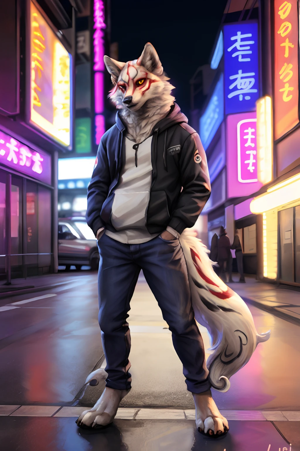 Amaterasu \(okami\), Man's, Solo, Yellow eyes, black sclera, safe, 4 toes, an legs, Toenails, Feet, Clothed, Wearing a black hoodie, jeans, markings, White fur, Street, tokyo prefecture, Neon light, tail, posterior view, Black Paw Pad
break,
by Lucis, by personalami, by Kenket, (Convoluted, high detailing, film photography, Soft Focus, RAW candid cinema,
Photorealism, Realistic, Photorealistic, analog style, Subsurface scattering,
masutepiece, Best Quality, A hyper-realistic, 8K)