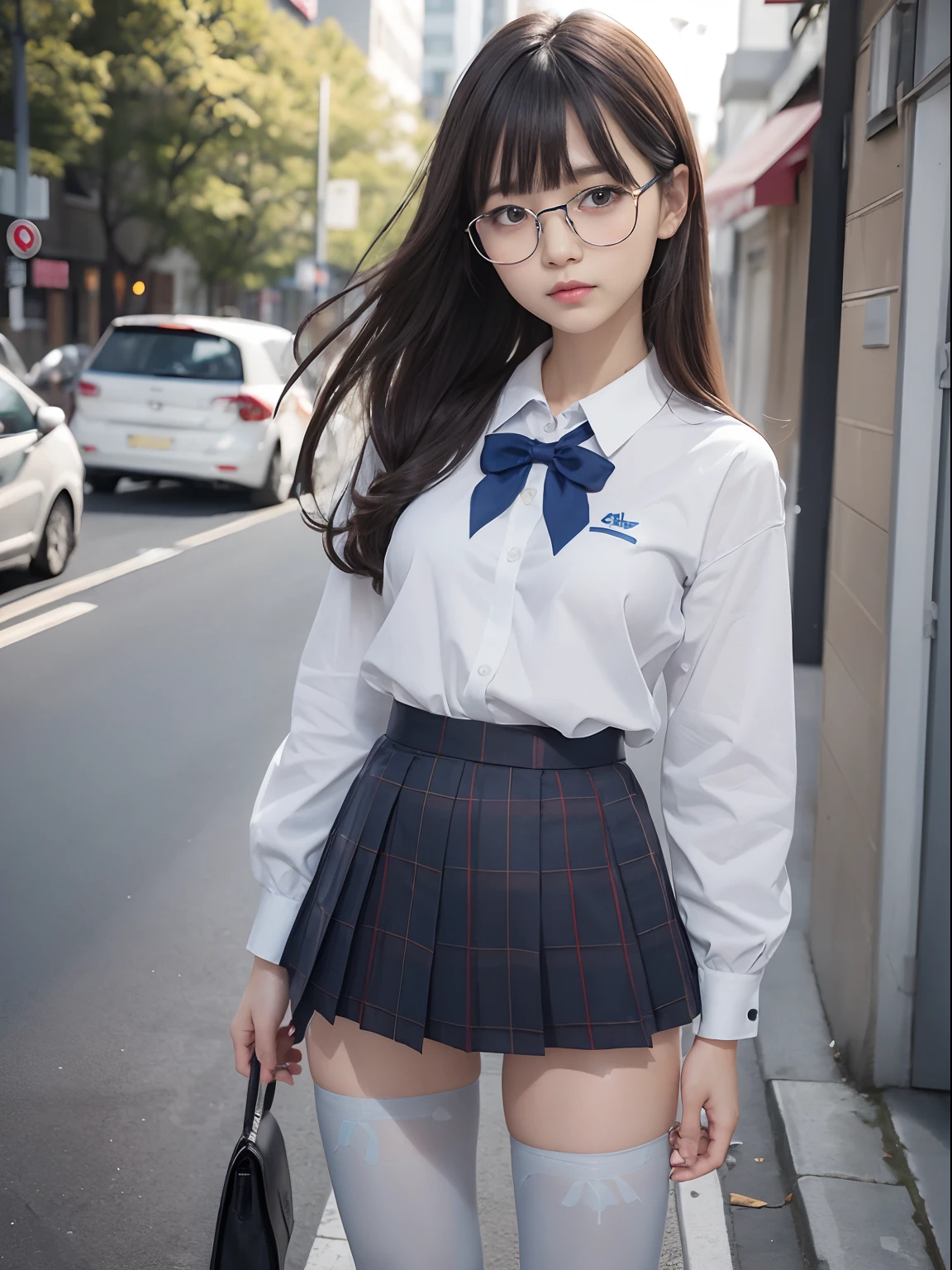(Underwear is visible),(8K、Raw photography、top-quality、masterpiece:1.2),((small tits))、((small tits))、((small tits))、((small tits))、((small tits))、((A-cup))、((A-cup))、((A-cup))、((A-cup))、((A-cup))、Has a small、(flat breast)、(flat breast)、(flat breast)、(flat breast)、(flat breast)、(being thin)、Rasping,glamor,Chromo-white skin,cocky,School,watching at viewers,Looking at the front,Muchimuchi,High-pitched clothing,Erotic,Pupils,de pele branca,kne,((Black pantyhose)),absurderes,a small face,,Forehead visible,Bangs hanging from the left and right sides of the forehead,(a cold expression,Tight eyes,glares,Bullish,irate)、masterpiece,top-quality、超A high resolution,Raw photo,ren,Beautiful fece,One Person, 独奏,eye glass,,Dark look,Small breasts,fullllbody,Round glasses,JK school uniform,hi-school girl,A Japanese Lady,is standing,(Photorealsitic:1.37)、Photon mapping,Realistic、Beautie,Cute little face,Brown-eyed、Black socks、(Red bow tie)、Radio City、Physically Based Rendering、depth of fields、Blurry background、a picture,Body,beauty legs, Long legs, Thin leg,(Bangs are visible), hair, s lips, Blue_The eye, nosesoft,(Light blue shirt), (Navy and blue and white plaid pleated skirt), Knees are visible,Sheer clothing,, Thigh, Black cotton socks,Nogizaka Idol, 女優, Japanese ido