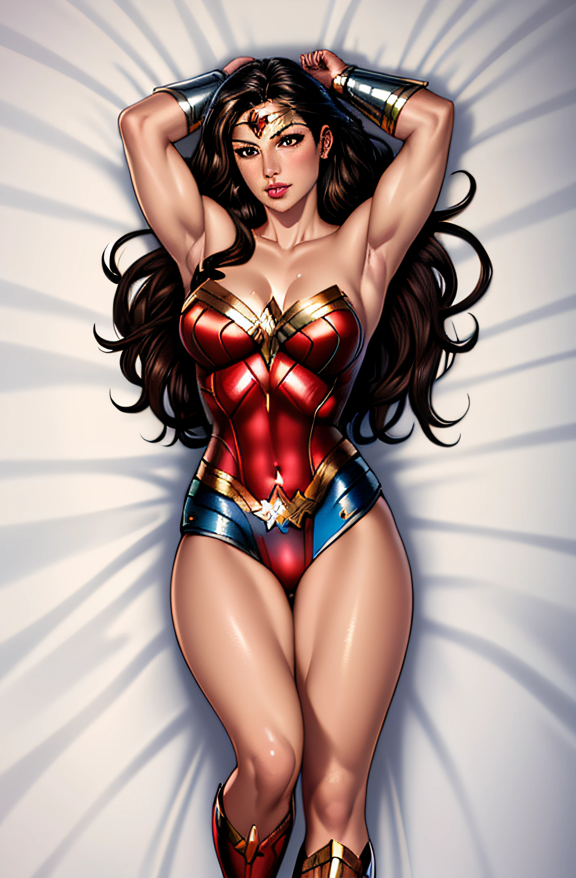 ( Masterpiece, 4k resolution, ultra-realistic, very detailed) Wonder woman full body in the style of realism, glistening skin, , natural lighting, Defined full lips. fitness feminine body. portrait photography by artgerm, in the style of realism, glistening skin, , natural lighting, Defined full lips. Muscular fitness feminine body, (Dakimakura) (on bed)