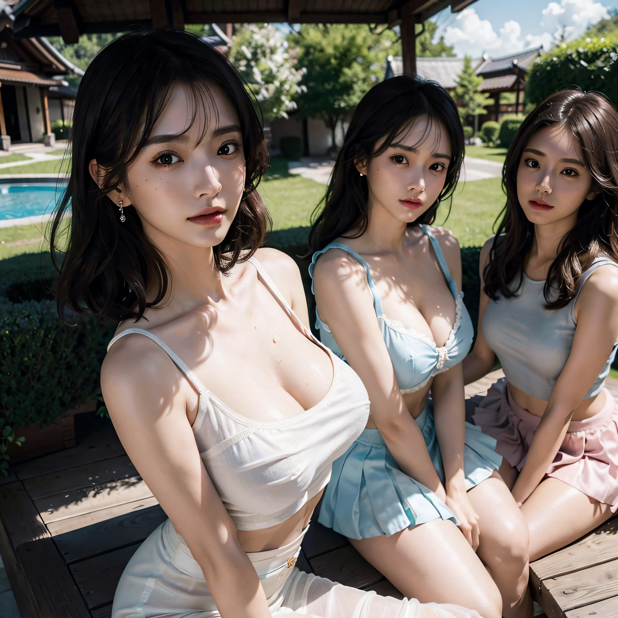 absurdres, RAW photo, extremely delicate and beautiful, masterpiece, Best Quality, ultra high resolution, 16k, hyperrealistic, ultra-detailed, Very detailed CG 8k wallpaper, Beautiful Lighting, Perfect Lightning, Realistic Shadows, perfect anatomy, super Detailed skin, perfect figure, Japanese woman, late 20s, very Slim body, narrow waist, very small head, handsome detailed woman, very detailed eyes and face, realistic face proportions, Stunning detailed eyes, Realistic beautiful face, very small face, Realistic small beautiful eyes, double eyelids, makeup, tearful mole, mole on chest, earring, bare legs, beautiful and very thin legs, beautiful and very thin thighs, (very huge round breasts:1.3), short hair, wavy hair, sweat, (full body shot), sleeveless, bare arms, bare legs, tight-fitting, midriff peek, cleavage, Fine Collarbone, (3 girls:1.5), (magical girl outfit:1.3), outdoor,