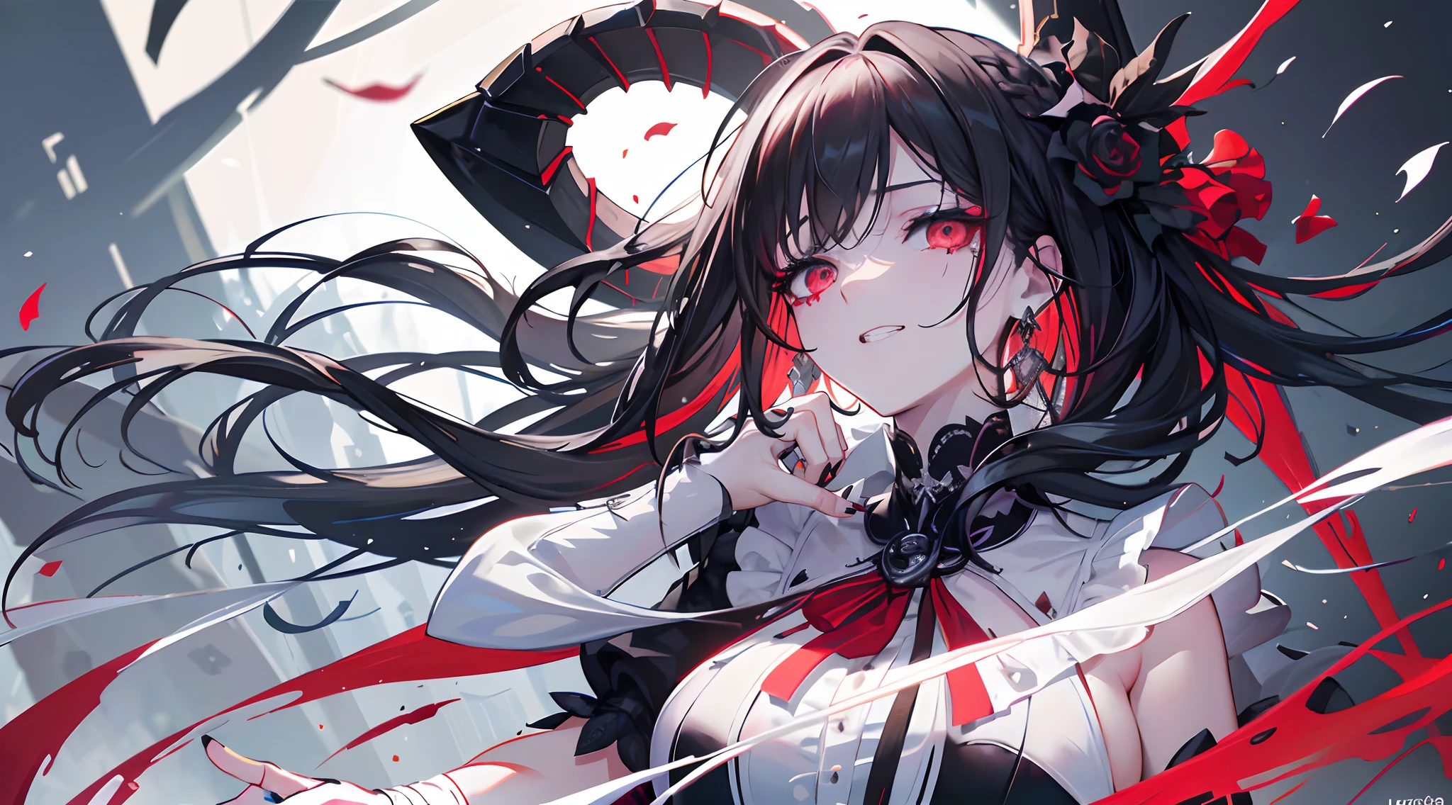 A girl,Red-eyed crow,tear-mole,black fingernails,Miserable white skin,Black metal earrings,frenzied,Red pick dye, with short white hair, Long braids on both sides,soaking wet hair,queen,black roses,Prompts are highlighted in red, White eyes,White giant eyes,monocle,Blood and tears,Conservative classical school uniform,ssmile,grin,Neck suture scars,Wrapped in a white bandage, Scattered debris. Fitted black silk,Black collar,Black chain, Ring pattern,Cross scars on the face,falling flower petals,drenched clothes,black iron sword,Create mottled shadows, Her hair swayed gently in the breeze, A crazy expression appeared on her face(Best quality,4K,8K,A high resolution,Masterpiece:1.2), Ultra-detailed, (Realistic,Photorealistic,photo-realistic:1.37), hdr, hyper HD, Studio lighting, Ultra-fine painting, Sharp focus, Physically-based rendering, Extreme detail description,