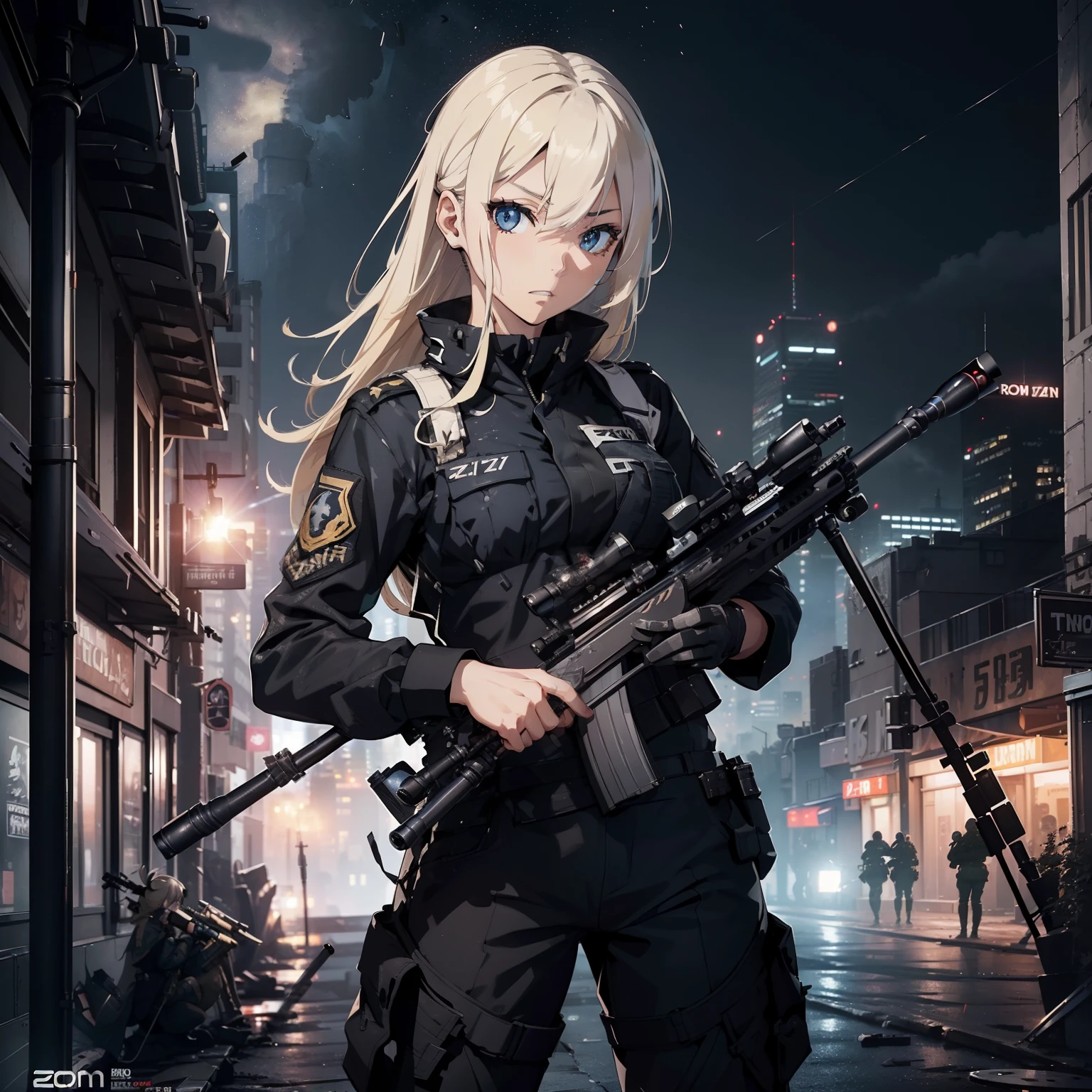 (Female soldier with well-trained body)、((Hold a sniper rifle:1.4))、1 Women、thick body、(Black combat uniform)、(platinum-blonde-hair:1.2)、Clenching teeth、Have multiple weapons、((超A high resolution))、Detail Write、​masterpiece、top-quality、extremely details CG、8K picture quality、Cinematographic lighting、lensflare、(City at night:1.4)、Hyper-detailing、Robot wreckage、((Zoom in on cowboy shots:1.4))、Detailed firearm depiction、Rifle with perfect detail、Perfect barrel that does not distort、Scattered empty cartridge cases