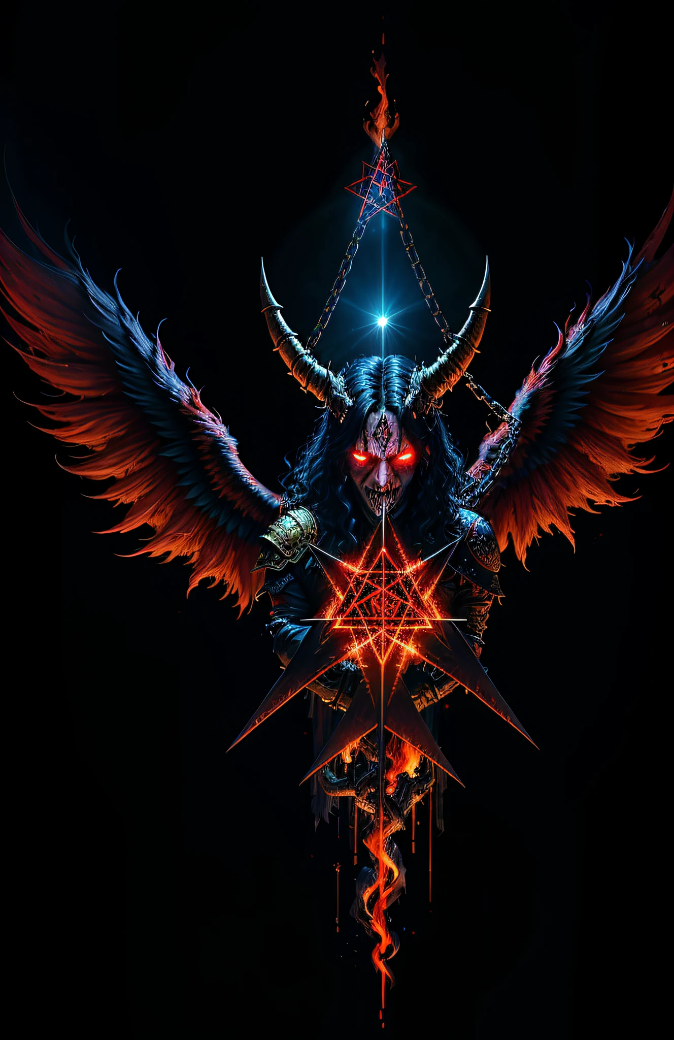 Movie CG, Tiflin, devils,disheed hair,Shogun,Peerless beauty,s girl,(Lord of Hell),Demon King,Pitch-black wings,Fallen angels,Tattooed with,the scars,Blood-red heavy armor,blood splattere,It has gold etching on it, (paleskin), blood spatter, horns on head,succubi, Cruel laughter,(Burning red eyes), , Red-blooded pentagram, Glowing Grimmore closes, summoning circle, Rusty chains, The illuminated temple of Satan, Lens flare, Axis, intricately details, Highly detailed, voluminetric lighting, 4K rendering, stockphoto, Ultra photo realsisim, Lifelike texture, Dramatic lighting, illusory engine