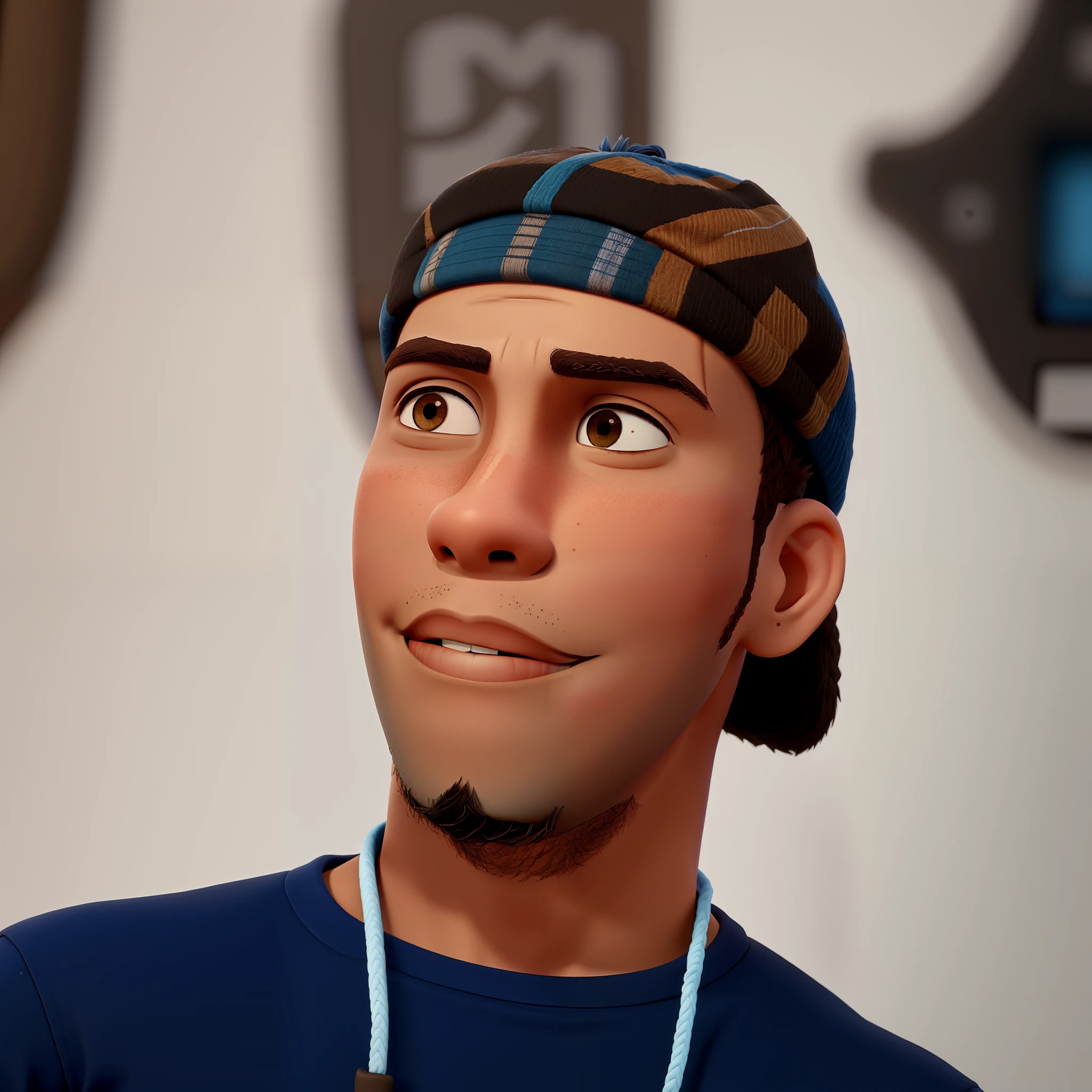 A young man with a brown cap facing backwards, pele clara bigode fino e cavanhaque, - Camiseta azul escuro, com corrente prata hiphip, bem iluminado, cinematic lighthing, 8K High Definition
