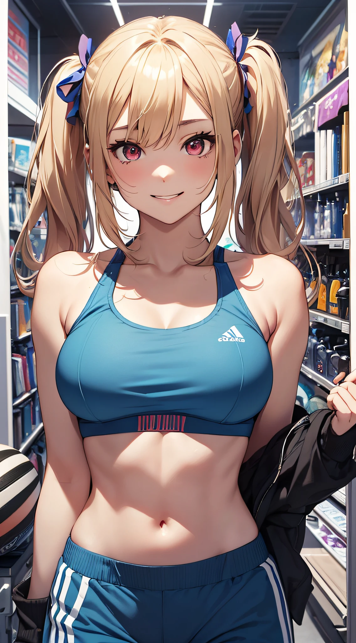 top-quality、Top image quality、masterpiece、girl with((18year old、Blue Sports Bra、Blue sports pants、Best Bust、Bust 90、Blonde twintails、Red Eyes、open chest wide、Valley、Happiness、A slender、ssmile,fitness))hiquality、Beautiful Art、Background with((sports club))、masutepiece、Elaborate design、visualart、