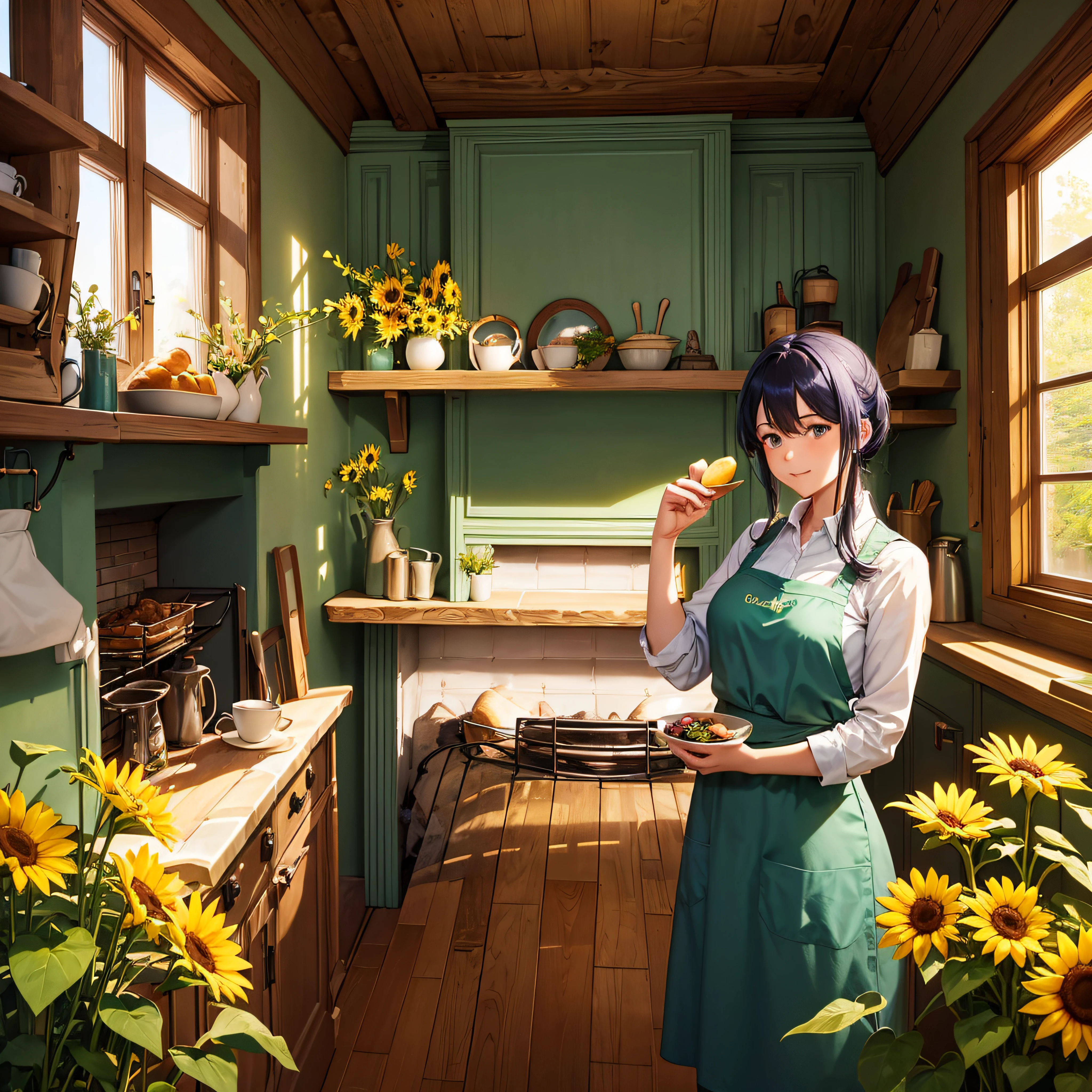 In a countryside cottage kitchen, the amber glow of the fireplace dances on the teal cabinets. Freshly baked bread, with its golden crust, sits next to a bowl of green apples and deep purple grapes. A woman, wearing a sunflower-yellow apron, brews a pot of tea, filling the room with a sense of home.