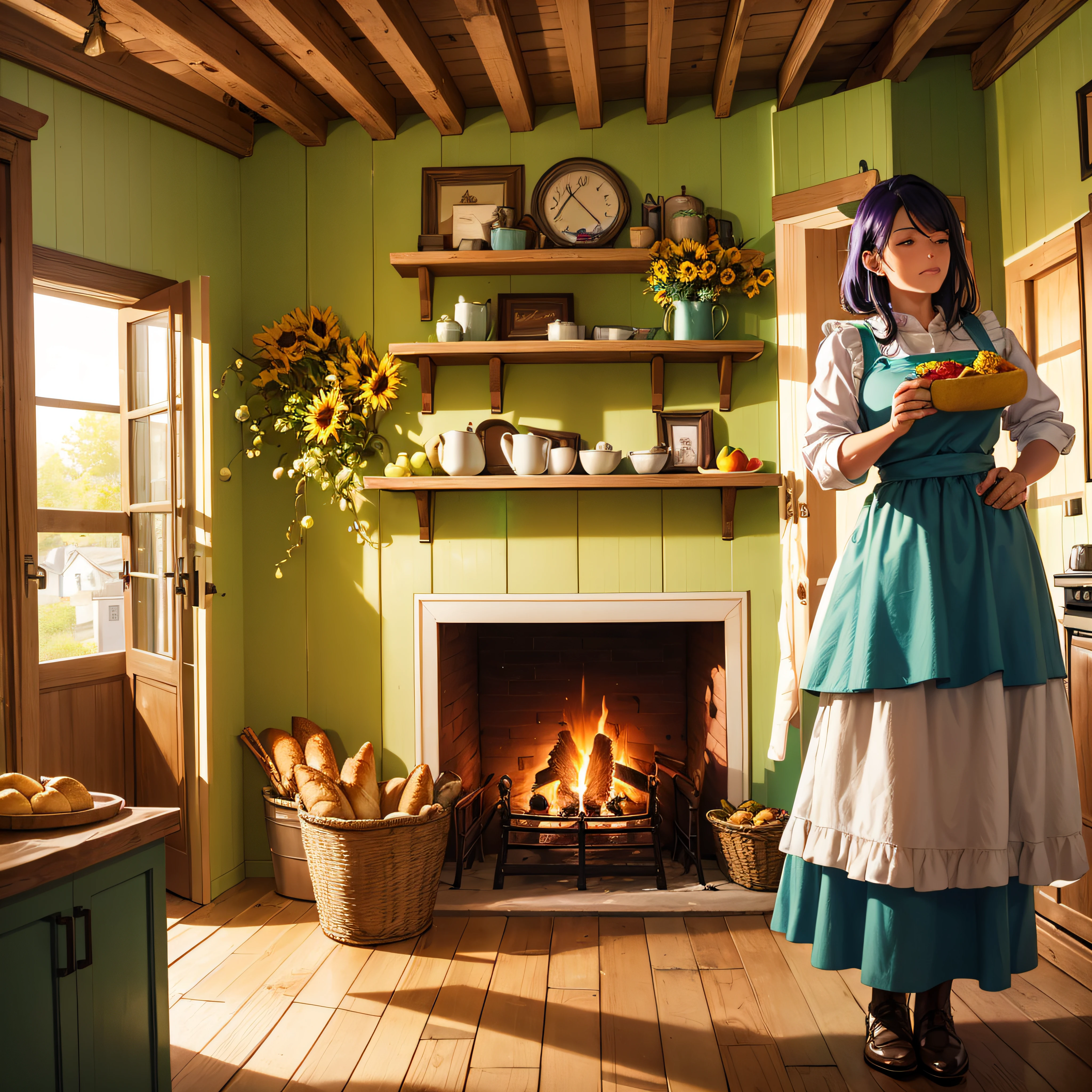 In a countryside cottage kitchen, the amber glow of the fireplace dances on the teal cabinets. Freshly baked bread, with its golden crust, sits next to a bowl of green apples and deep purple grapes. A woman, wearing a sunflower-yellow apron, brews a pot of tea, filling the room with a sense of home.