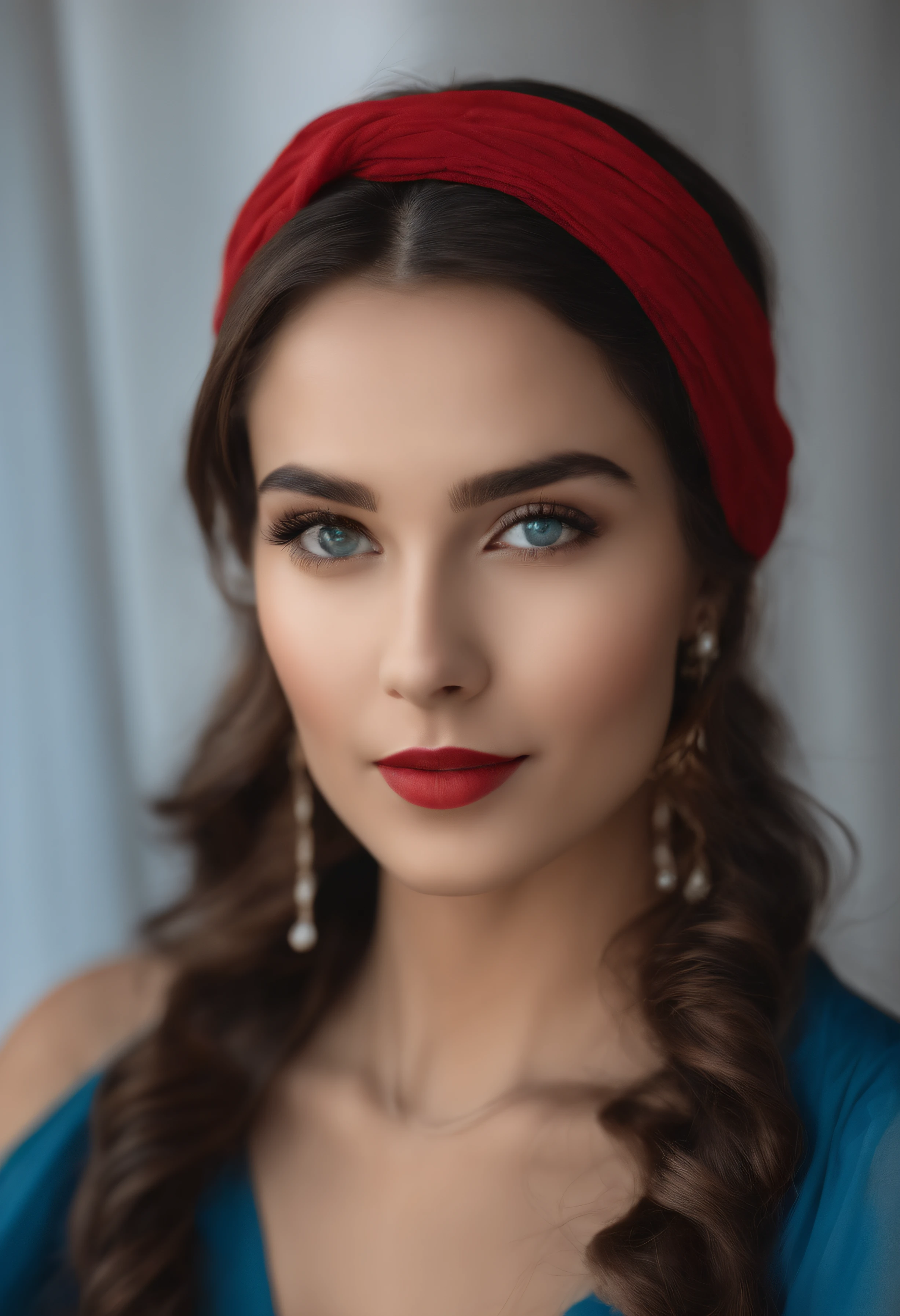 a close up of a woman in a blue dress with a red headband, very beautiful girl, with accurate face, very beautiful enga style, very very beautiful woman, with lovely look, beutiful face, very very low quality picture, candid picture, very beautiful photo, traditional beauty, cute beautiful, very very low quality, 18 years old, very low quality, ((film grain, skin details, high detailed skin texture, 8k hdr, dslr)), photography taken by sony DSLR, Hd image