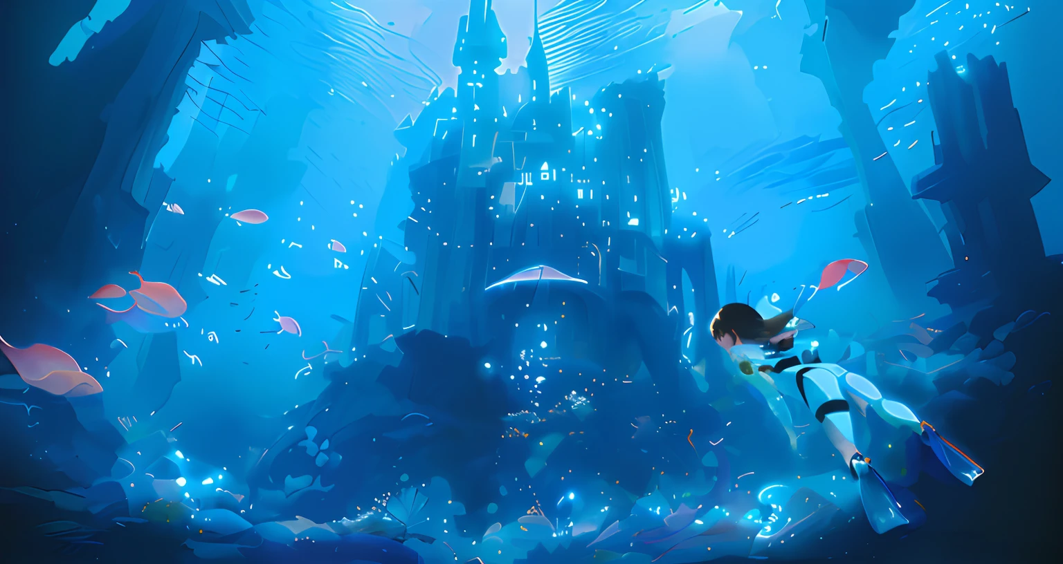Create exquisite illustrations reminiscent of Makoto Shinkai's style, It has ultra-fine details and top-notch quality.Depict the girl's arms、Swimming girl's arms、The girl is wearing a diving suit with a beautiful rabbit