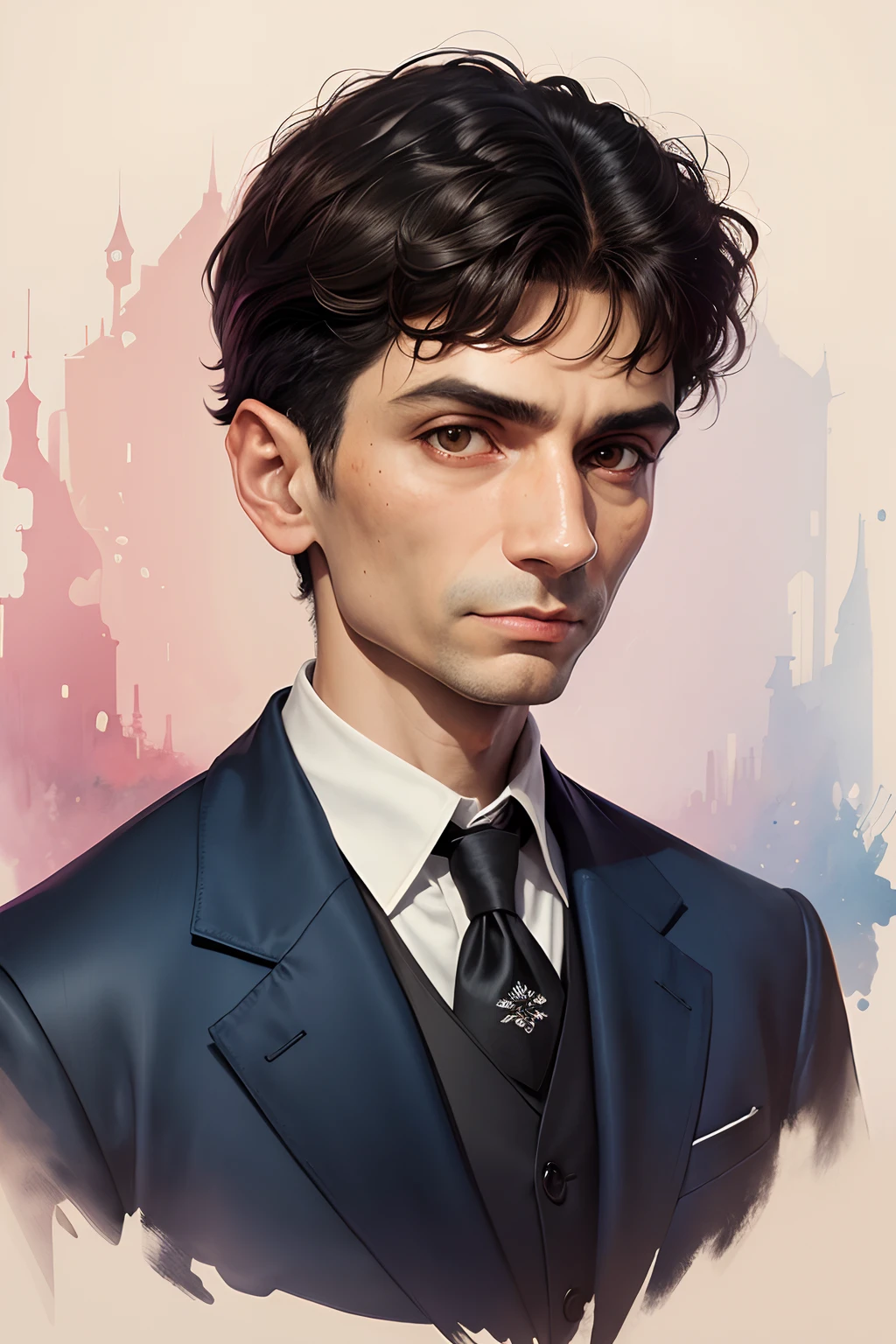 Um retrato em aquarela do escritor Franz kafka e suja obra A Metamorfose.