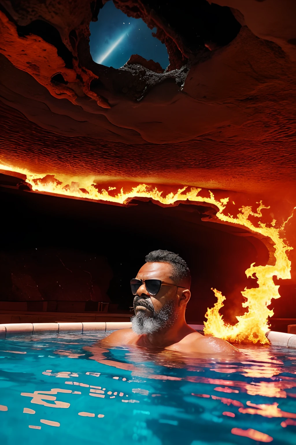 guttoepic2, "An individual wearing sunglasses inside a pool filled with volcanic lava instead of water. The sky above is tinted in fiery red hues, and the person appears joyfully immersed in this extraordinary setting. Surroundings include objects engulfed in flames, adding realism to the fantastical scene."