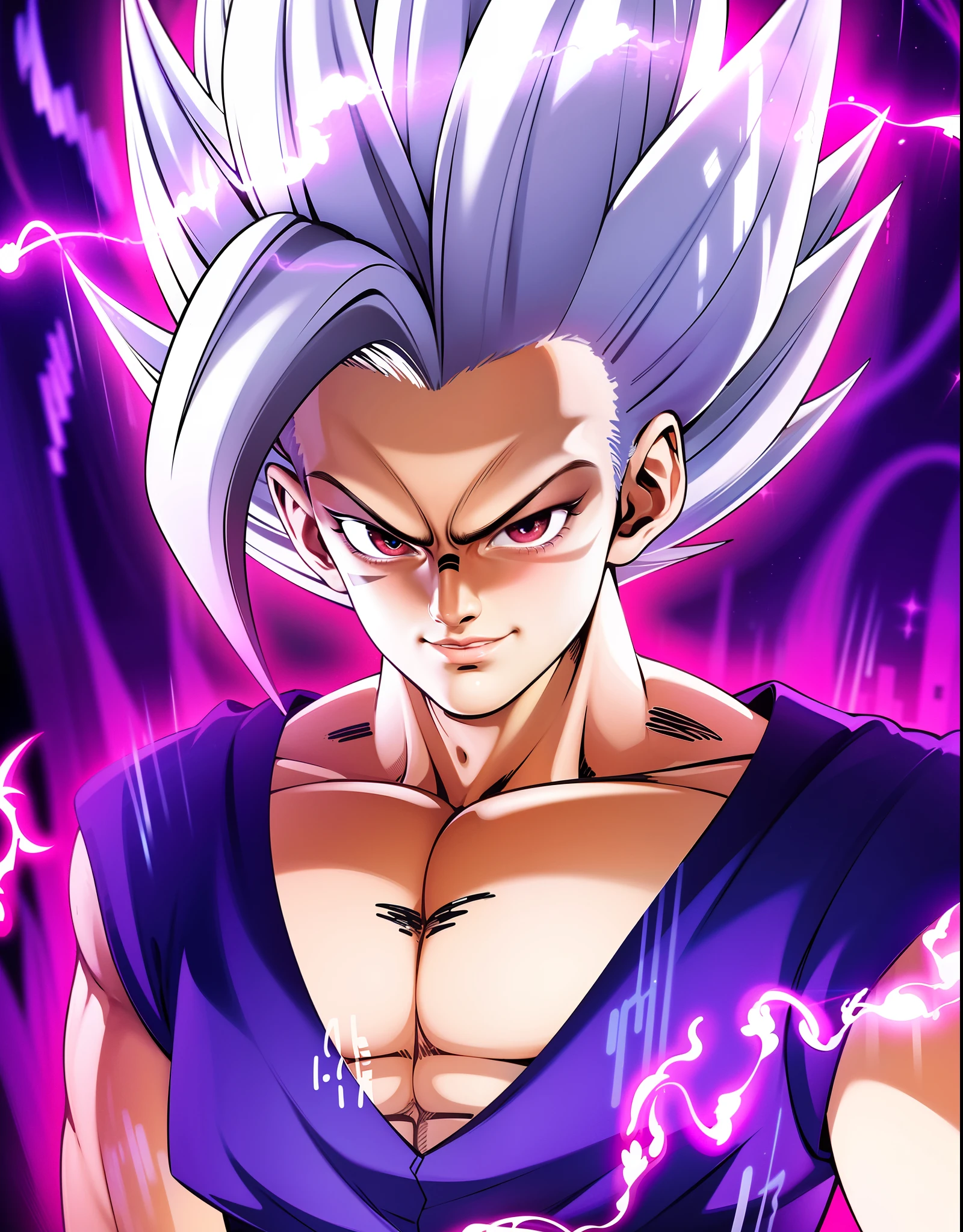 masculine male, masterpiece, ((perfect eyes)) best quality, (semirealism:1.9), beautiful lighting, (extremely detailed CG unity 4k fhd wallpaper), High Detail, Sharp focus, dramatic outdoors, 1 boy ,19 years old, white hair, light purpel eyes, smile.