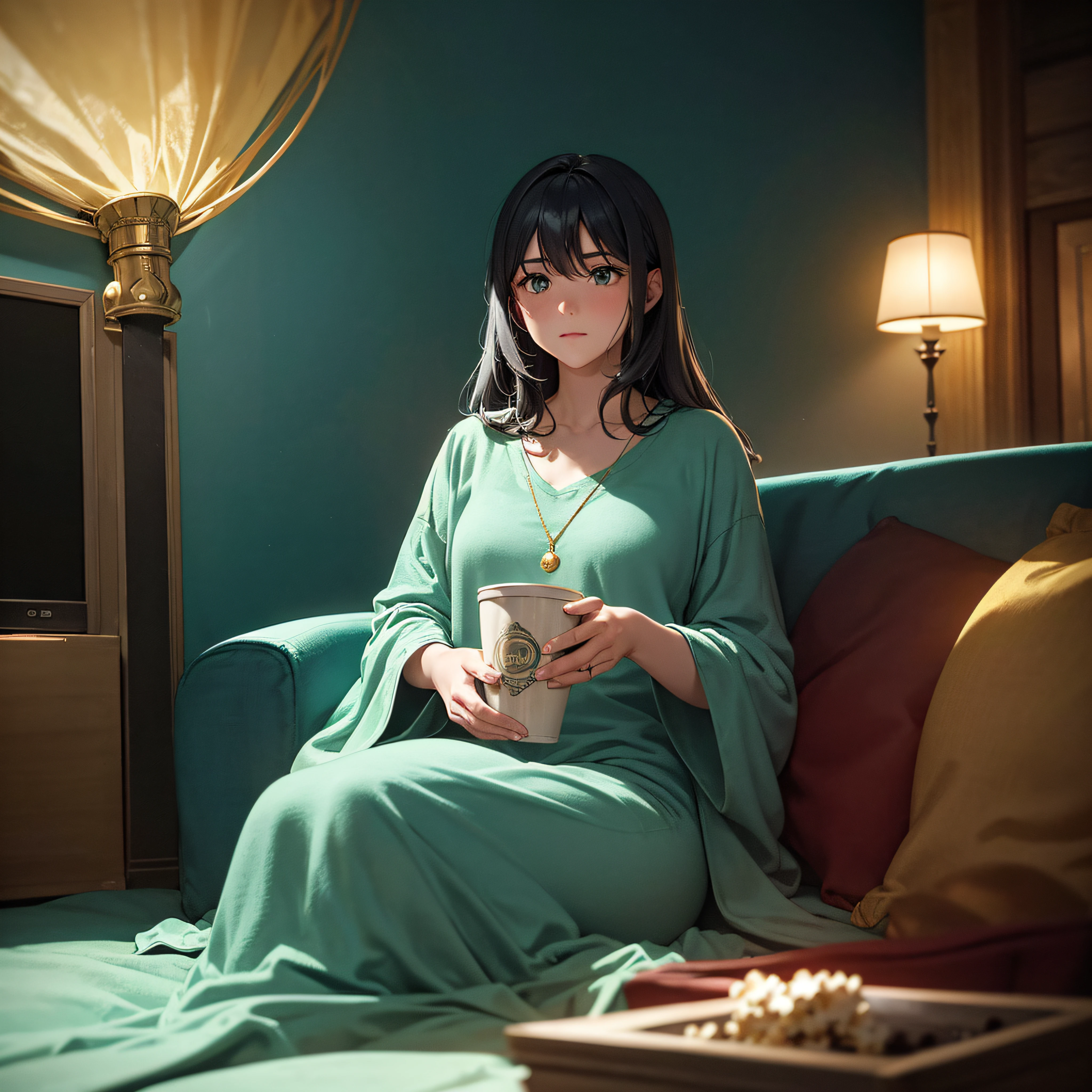 In a cozy basement den, the soft glow of a golden projector showcases classic films on a deep blue wall. A green velvet sofa, popcorn in a bright red bowl, and a woman in a silver-gray blanket create the perfect setting for movie night.