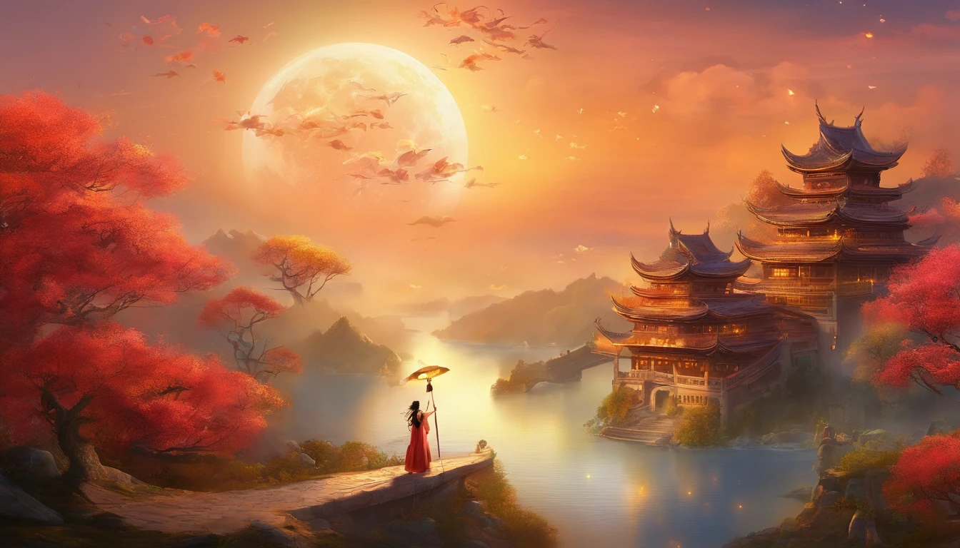 Mid-Autumn Festival, Full moon, the night, Moon cake, teas, hyper HD, retinas, Masterpiece, ccurate, Super detail, High details, High quality, Best quality, A high resolution, 16k