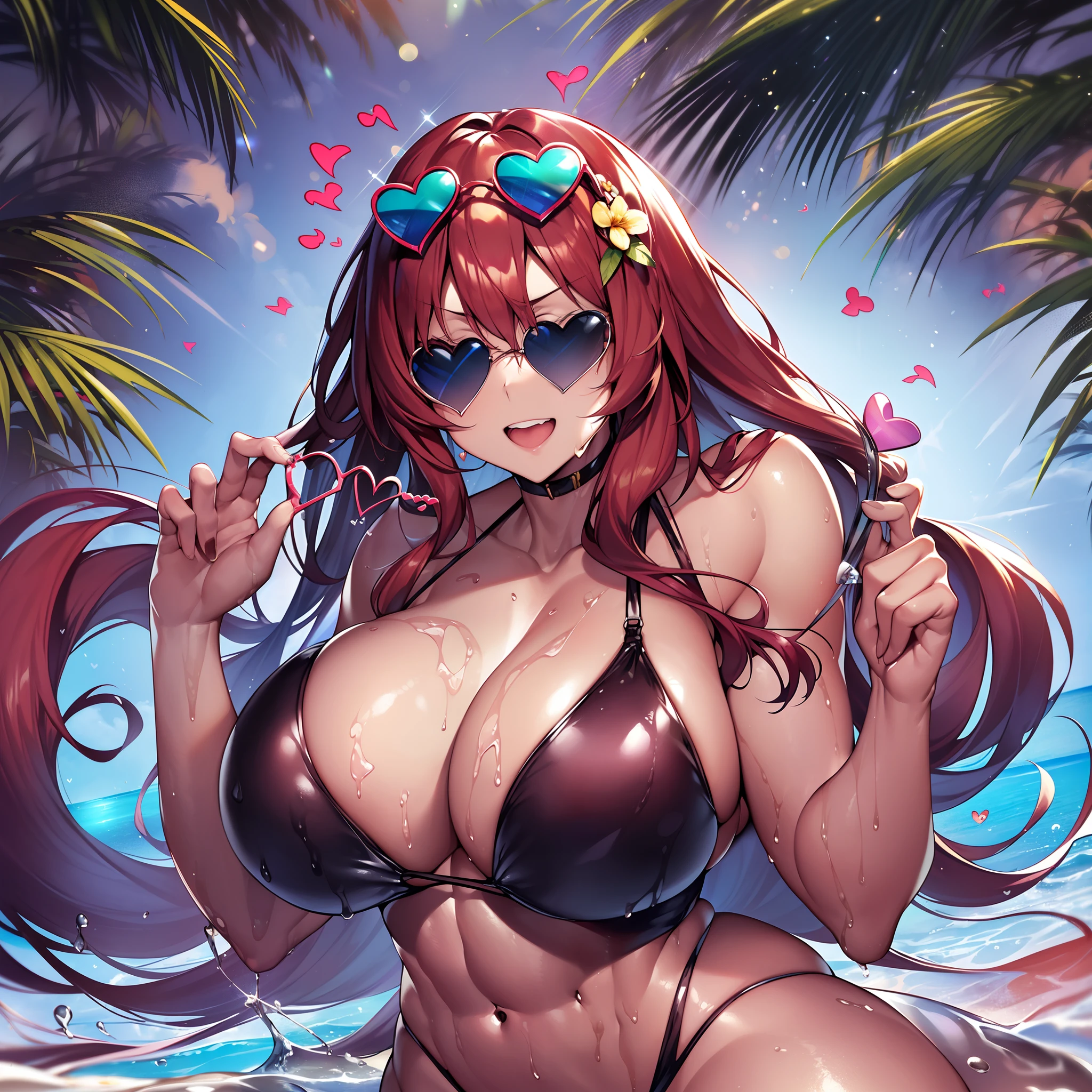 Outrageous resolution、masutepiece++,top-quality++,ultra-defined++, ultra-defined++,4K++,8K++,(Background Focus)++, Highly detailed, Viewer's Perspective、（（Tropical sandy beach））++、((Brown-skinned))++, ((One rides a float)), ((Floats and tsunamis))++, ((((Heart-shaped sunglasses on the head))))++++,(((Floral swimsuit)))+++,(((Tsunami and splashes)))++++, ((Heart-shaped sunglasses)) ++,((Brown-skinned))++,(Floral hair ornament) +,（Sharp eyes）、(Red-haired),(Super shiny hair and skin), (Sunlight),((Beautiful)),(Huge _Body: 1.5),(Huge breastsMuscular girl with clearly visible abs and muscles, Sweaty body, cleavage, Dynabs cleansing and shaving, Muscle muscle thighs) +, A lively smile, Perfect eyes, Perfect hands, Perfect nose, Magic Battle Dark, Bright atmosphere, (wet effect) +, (light effect), (Cinematic Light) + , (Like a movie of light) +