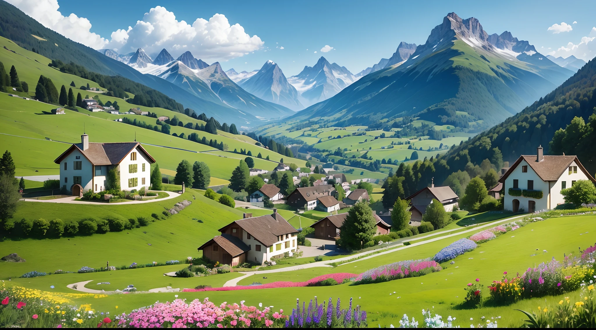 Peaceful and idyllic countryside, Rolling green hills dotted with grazing sheep, Charming villa,Set amidst vibrant flowers, Clear blue sky overhead, Evokes a sense of peace and simplicity, Valle encantador, switzerland, patches of green fields, lush countryside, Valle exuberante,An idyllic village in Milan,,verdant green fields,above a village,Rolling terraces,Colorful garden of flowers and plants,Alpine scenery in the Swiss countryside under the Alps,Carl Sessel Bern,Majestic nature, Swiss architecture, lindo cenario, rios,waterfallr