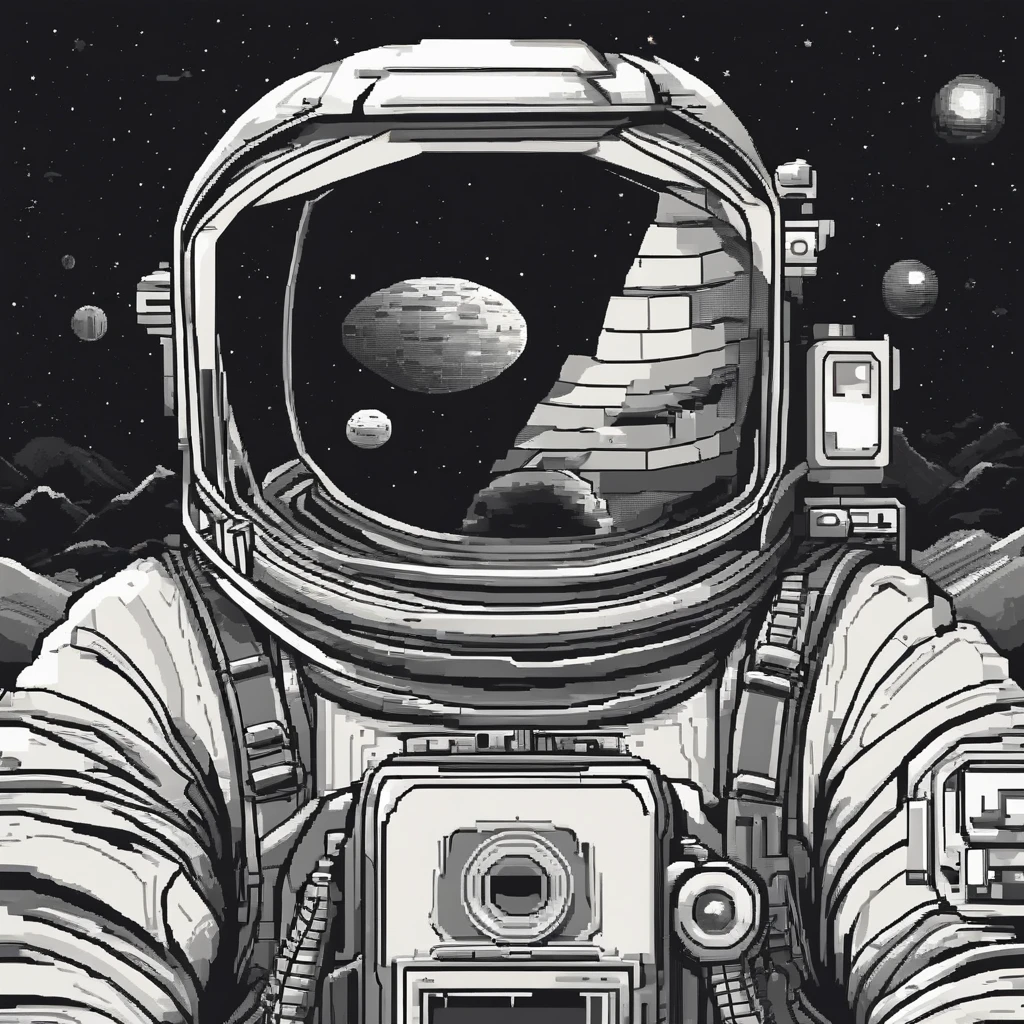 Black and white tone pixel art, astronaut holding a vintage camera, surrounded planets