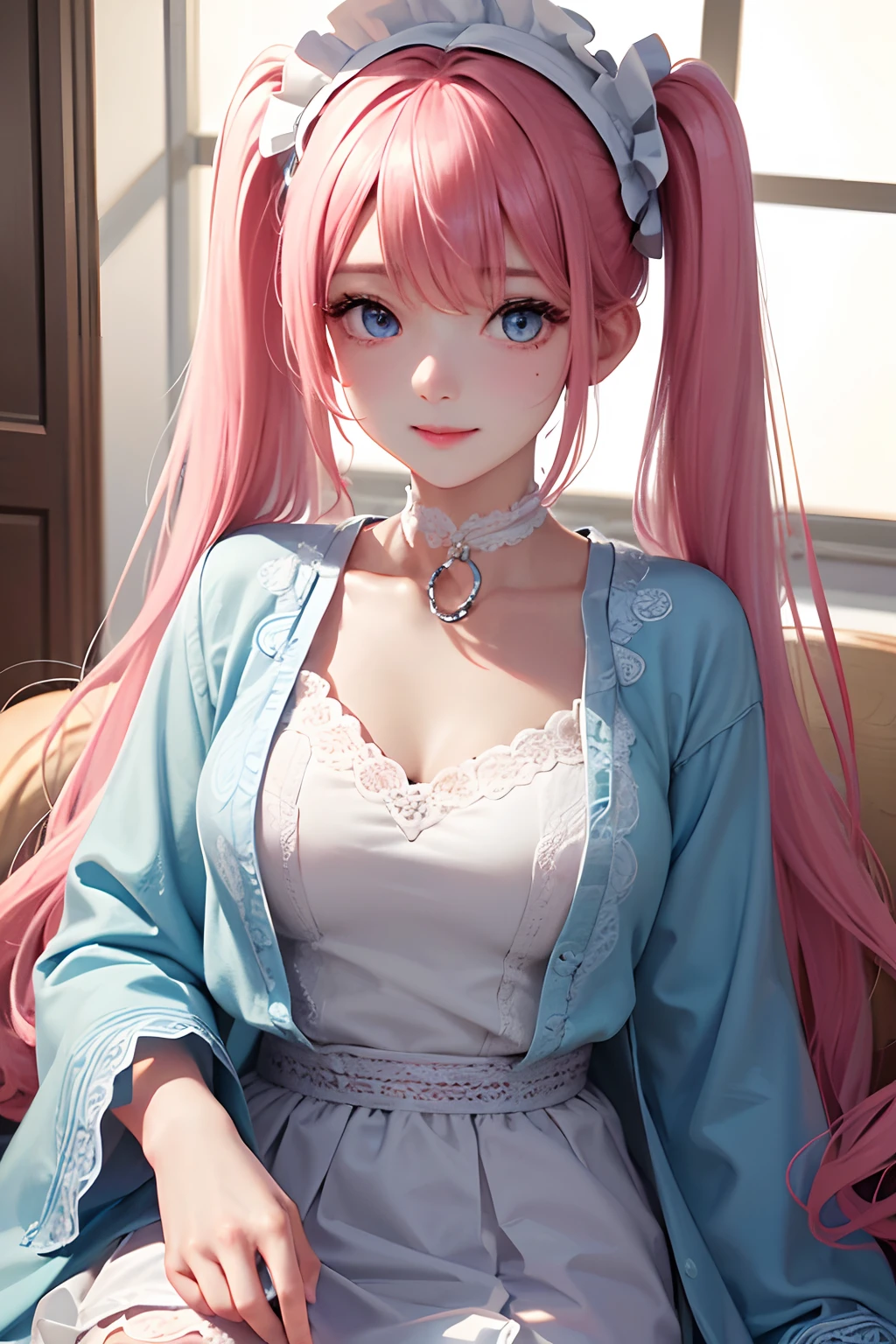 1girl in、looking at the viewers、
The upper part of the body、Beautiful blue eyes、Twin tails pink hair color、Moles under the eyes、Plump and glossy lips、Heart-shaped choker、gazing at viewer、Smile at viewers、。.。.。.。.。.。.。.。.。.。.。.。.。.。.。.。.。.3D、realisitic、
Tank Tops、Ultra mini skirt、florals、Lace trim、Rich room with gorgeous decorations、
masterpiece、top-quality、8K、detailed skin textures、Detailed Cloth Texture、beautifull detailed face、intricate-detail、ultra-detailliert、
Rim lighting、Side lighting、ciinematic light、超A high resolution、8K UHD、film grains、Best Shadow、delicated、gazing at viewer、front facing