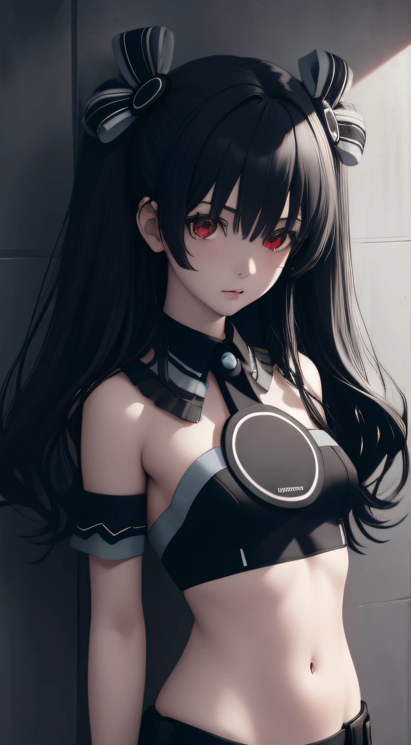 (Photorealistic, best quality, masterpiece, high contrast), 1girl,
neptuniauni,black hair, two side up, hair ribbon, red eyes, midriff, bare stomach