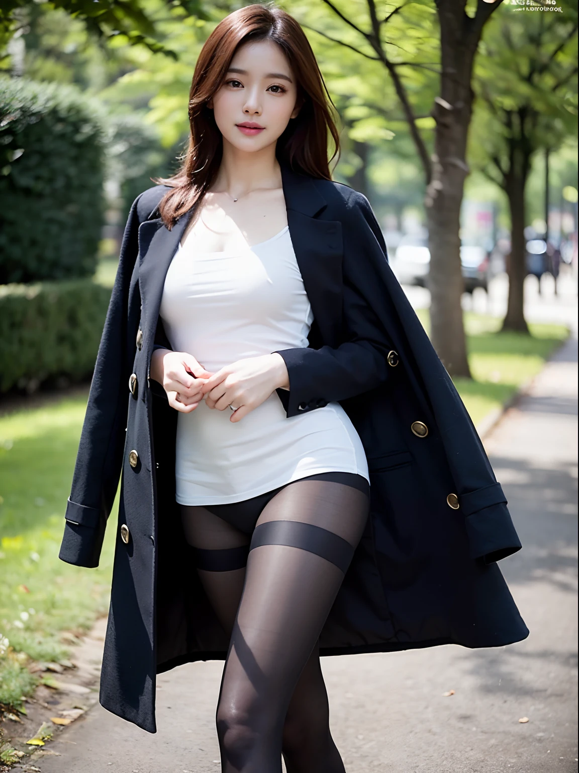 Bewitching madam in dress and coat walking in the park, Wear ultra-realistic pantyhose、korean female fashion model, Tempting smile、game_nffsw, the Extremely Detailed CG Unity 8K Wallpapers、top-quality、ultra-detailliert、​masterpiece、realisitic、Photo Real、(Wear ultra-realistic pantyhose)、NSFW,  beautiful supermodel、Raw photo、(Photorealsitic:1.4)、realistic skin textures、Lustrous skin、Exposed thighs!!!