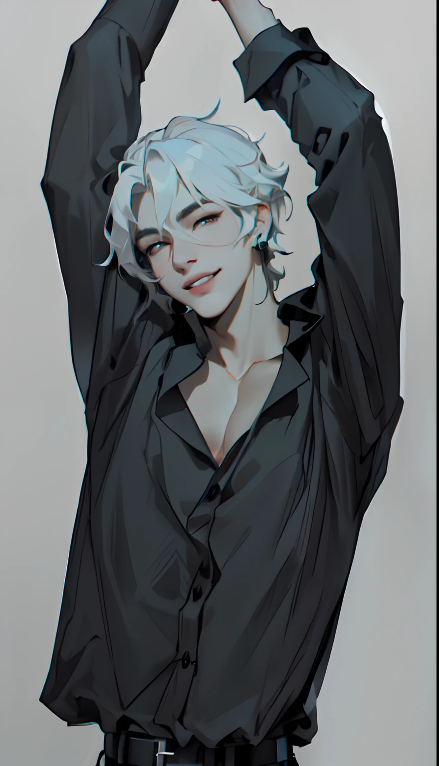 white hair, handsome guy, ((wavy prince-like hair: 1.9)), white skin, beautiful, (masterpiece), well drawn, (detailed), intrincate details, male, seductive smile, enticing, friendly, soft lips, detailed face, defined face, ((korean pop sinder style: 1.9)), ((korean fashion: 1.9))