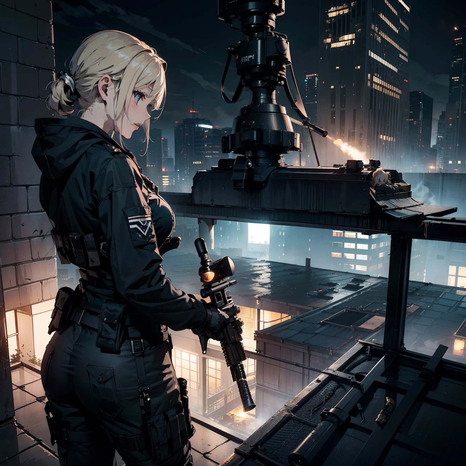 (Female soldier with well-trained body)、((Peek into the gun site of a sniper rifle:1.4))、1 Women、thick body、(Black combat uniform)、(platinum-blonde-hair:1.2)、Clenching teeth、Have multiple weapons、((超A high resolution))、Detail Write、masterpiece、top-quality、extremely details CG、8K picture quality、Cinematographic lighting、lensflare、(Skyscraper rooftop at night:1.4)、Hyper-detailing、Robot wreckage、((Enlarge Cowboy Shots:1.4))、Detailed firearm depiction、Rifle with perfect detail、Perfect barrel that does not distort、Scattered empty cartridge cases