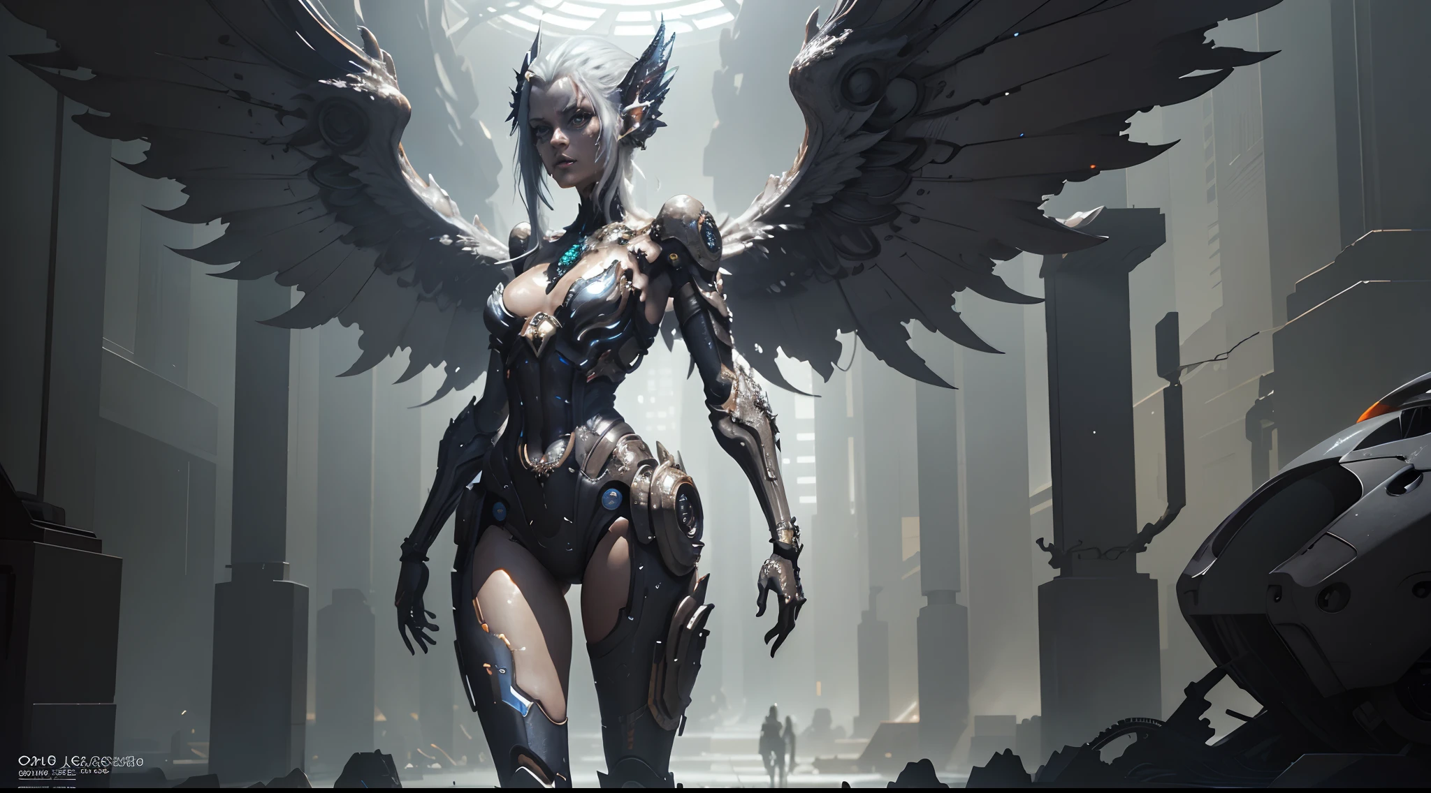 There's a woman in a futuristic leotard with wings standing in a dark sci Fi scenario, centered in front of the camera, standing still, beautiful cyborg angel girl, portrait of a cyborg queen, perfect cyborg woman, beutiful girl cyborg, 4k detailed digital art, 4k highly detailed digital art, stunning cgsociety, detailed fantasy digital art, 2. 5 d cgi anime fantasy artwork, cyberpunk robotic elvish queen