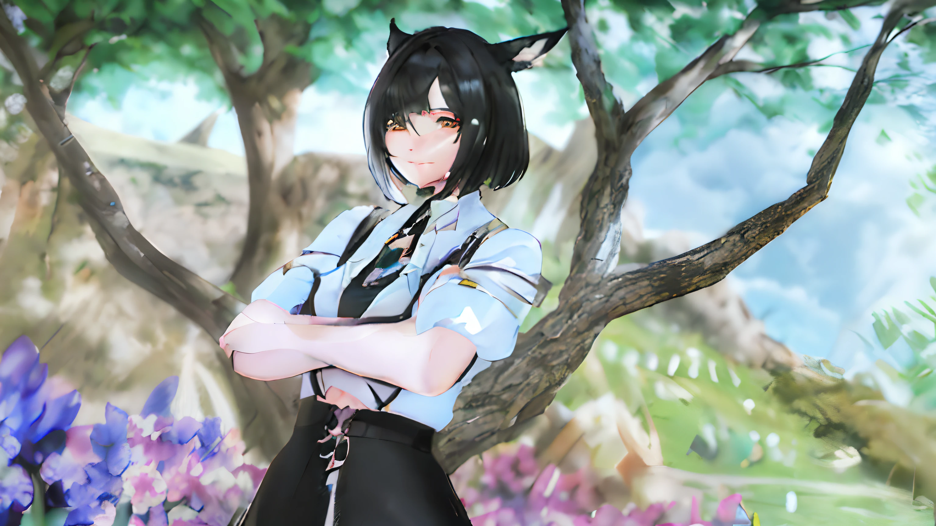 Anime girl in black skirt and white shirt posing for a picture, Final Fantasy 14 Stil, Neferpitou, Portrait of Tifa Lockhart, Highly detailed full body, !!Highly detailed!!, Von Bravely Default II, Sehr detaillierter Charakter, bedrohliche Pose, FFXIV, Weiblicher Charakter, inspiriert von Ren Renfa, Noire Moody Szene, auch