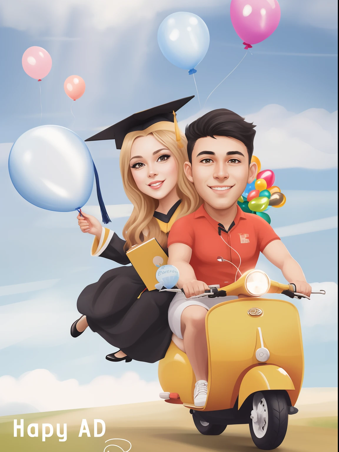 cartoon of a couple riding a scooter with balloons and a graduation cap, by Abidin Dino, student, caricature illustration, cartoon artstyle, illustartion, happy couple, full protrait, post graduate, cartoon art, potrait, photo portrait, realism artstyle, cartoon digital painting, inspired by JoWOnder, digital art cartoon, couple, graduation photo