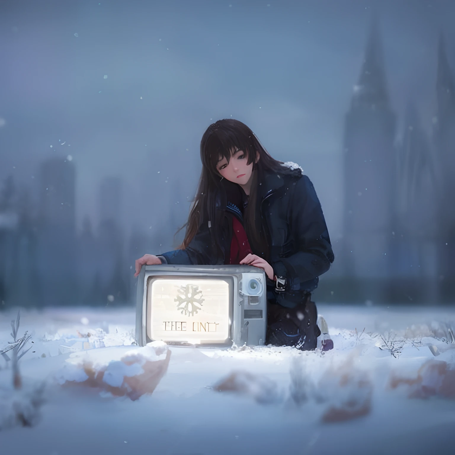 there is a woman kneeling in the snow holding a television, brown hair, long hair, nostalgic melancholic artwork, \'the end, makoto shinkai and tom bagshaw, makoto shinkai cyril rolando, in the snow, realistic fantasy photography, cold, brandon woelfel, by Chris LaBrooy, inspired by Chris LaBrooy, in snow, photo manipulation