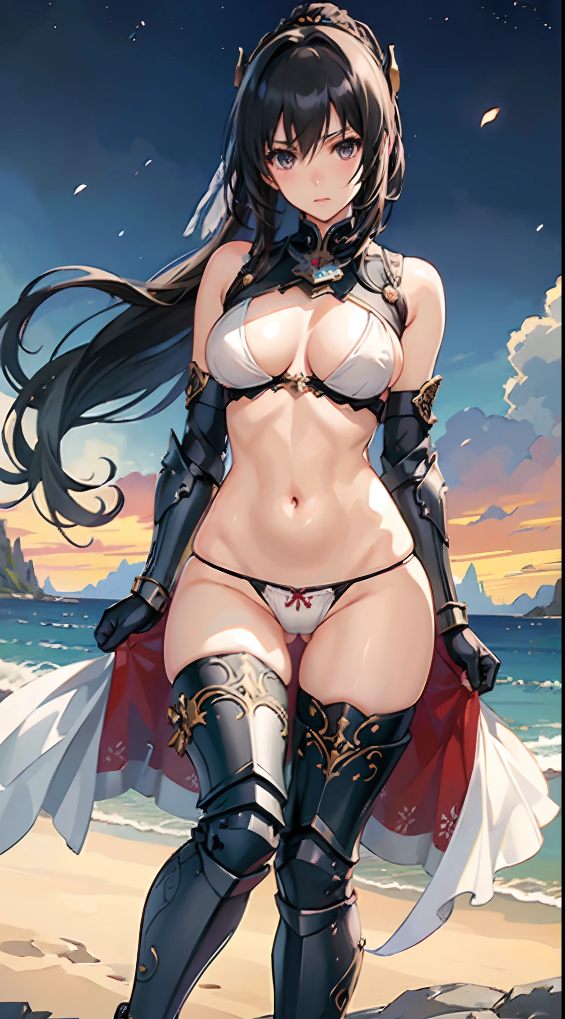 ((slanted eye)),(A MILF),(((maturefemale,adult woman))),独奏,masutepiece,top-quality, ultra-definition, max resolution, A highly detailed,((((Beautiful skins)))), Extremely sexy,Colossal tits,White panties,blush,high legs,thong,bikini-armor,armor girl,Bikini Armor, White bikini armor, ornate bikini armor, Female knight, Gorgeous Female Paladin,Beautiful armor,cleavage,overknee socks,A Japanese style,At night,groin,Big ass,Beautiful black hair、Black eyes,poneyTail