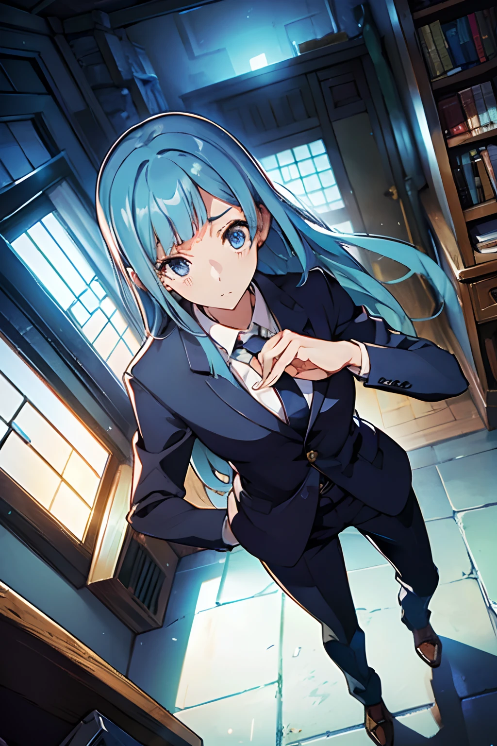 miwakasumi, Eyes, Blue hair, Long hair, Breaking a tie, Black suit，trouser，BREAK looking at viewer, Full body, Break indoors, crass room, BREAK (masutepiece:1.2), Best Quality, High resolution, Unity 8k壁纸, (Illustration:0.8), (Beautiful detailed eyes:1.6), extra detailed face, Perfect Lighting, extremely details CG, (Perfect hands, Perfect Anatomy)