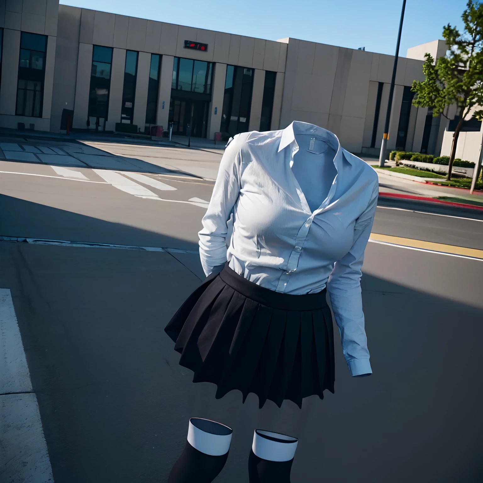 (invisible, no humans, headless, handless, faceless:1.5),cute big breasts, dynamic angle, white shirt, pleated skirt, striped necktie, collared shirt, black jacket, black skirt, long sleeves, school uniform, black socks, sarashina ruka, (close-up to breasts:1.5), best quality, high resolution, (8k, RAW photo, best quality, masterpiece:1.2), (realistic, photo-realistic:1.37), photon mapping, radiosity, ((Hasselblad photography)), physically-based rendering