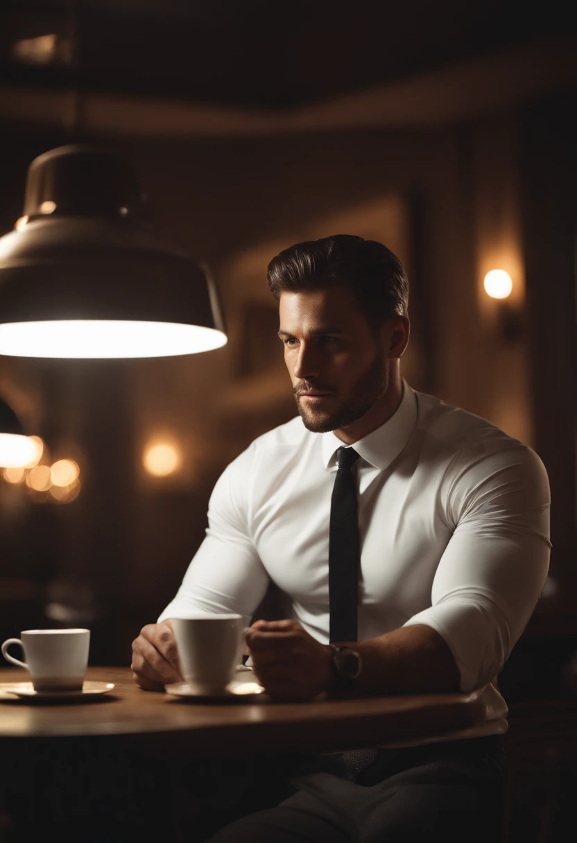 1man,
a 30 y.o muscular male wearing long-sleeve white shirt and tie, drinking coffee,
soft lighting,
masterpiece, best quality, 8k uhd, dslr, film grain, Fujifilm XT3 photorealistic painting art by midjourney and greg rutkowski