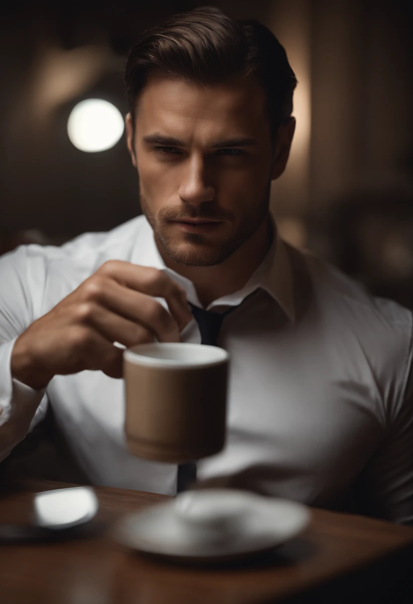 1man, 
a 30 y.o muscular male wearing long-sleeve white shirt and tie, drinking coffee,
soft lighting, 
masterpiece, best quality, 8k uhd, dslr, film grain, Fujifilm XT3 photorealistic painting art by midjourney and greg rutkowski