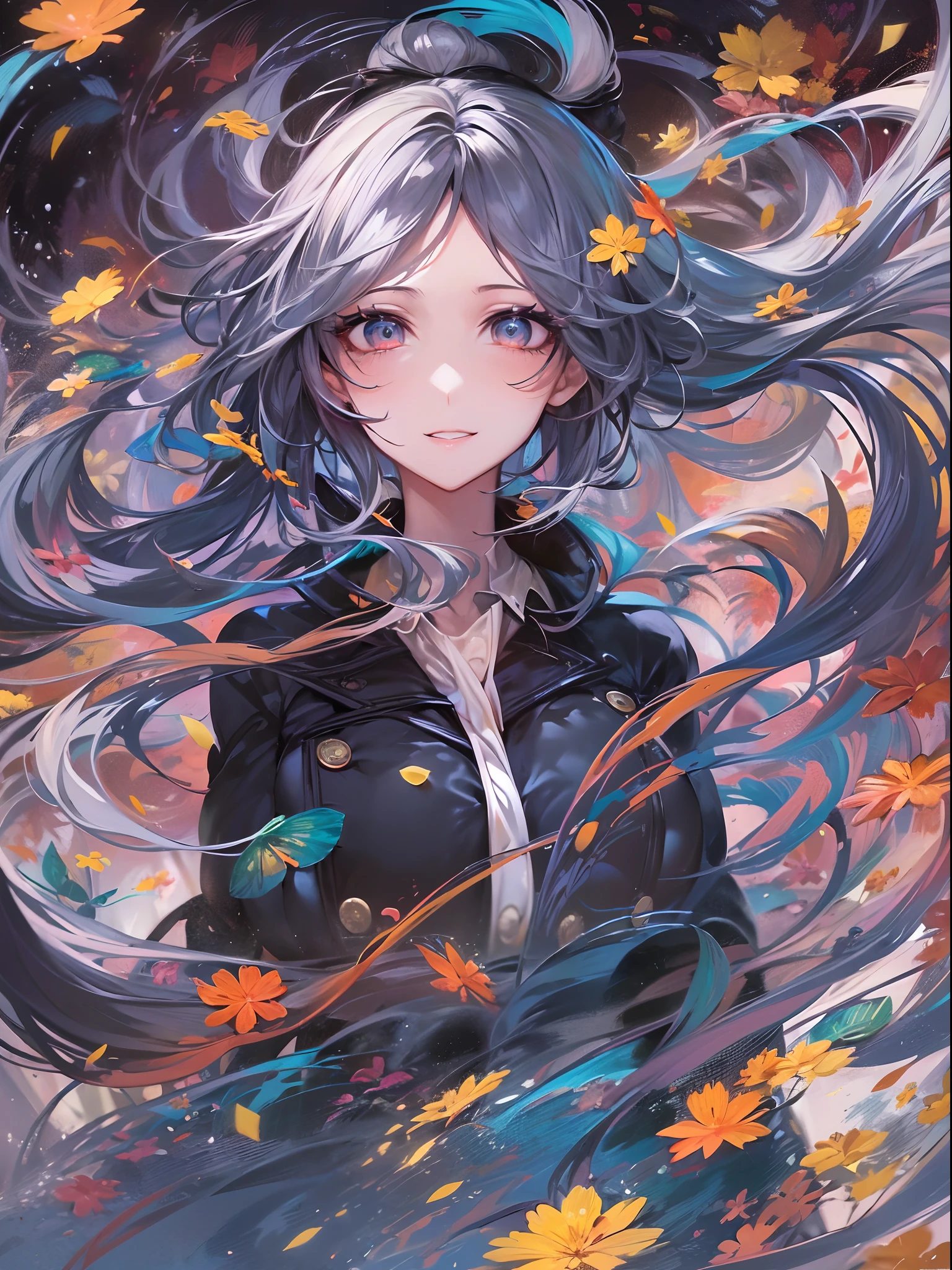 (masutepiece), (Best Quality), (ultra-detailliert),(disheveled hair),(Illustration), (1 Lady), Standing, Fashion Model, Looking at Viewer, (interview), (Detailed background),Beautiful detailed eyes, Delicate beautiful face, floating,(High color saturation),(Colorful splashes),colorful bubble,(Shining), Floating flowers, Floating hairs, (Shining), The best lighting, Best Shadow, 1 Evil only,(huge-breasted:1.5),Black hair,braid ponytail,Ahoge,kindly smile,