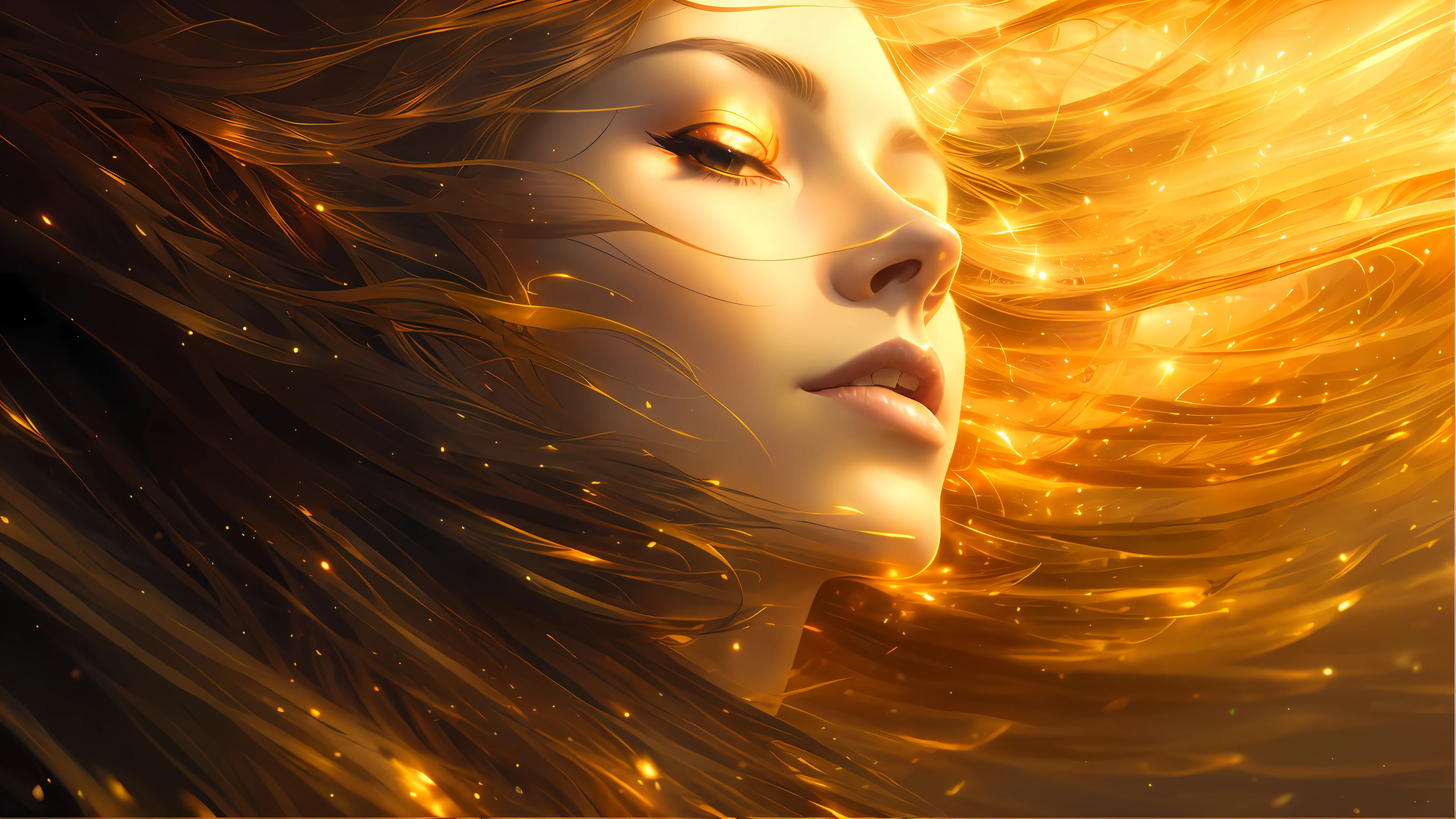 arafed image of a woman with long hair blowing in the wind, beautiful fantasy art portrait, karol bak uhd, beautiful gorgeous digital art, gorgeous digital art, very beautiful digital art, glowing flowing hair, glowing golden aura, beautiful digital art, karol bak and peter mohrbacher, breathtaking digital art, glowing magical shiny skin, flowing glowing hair