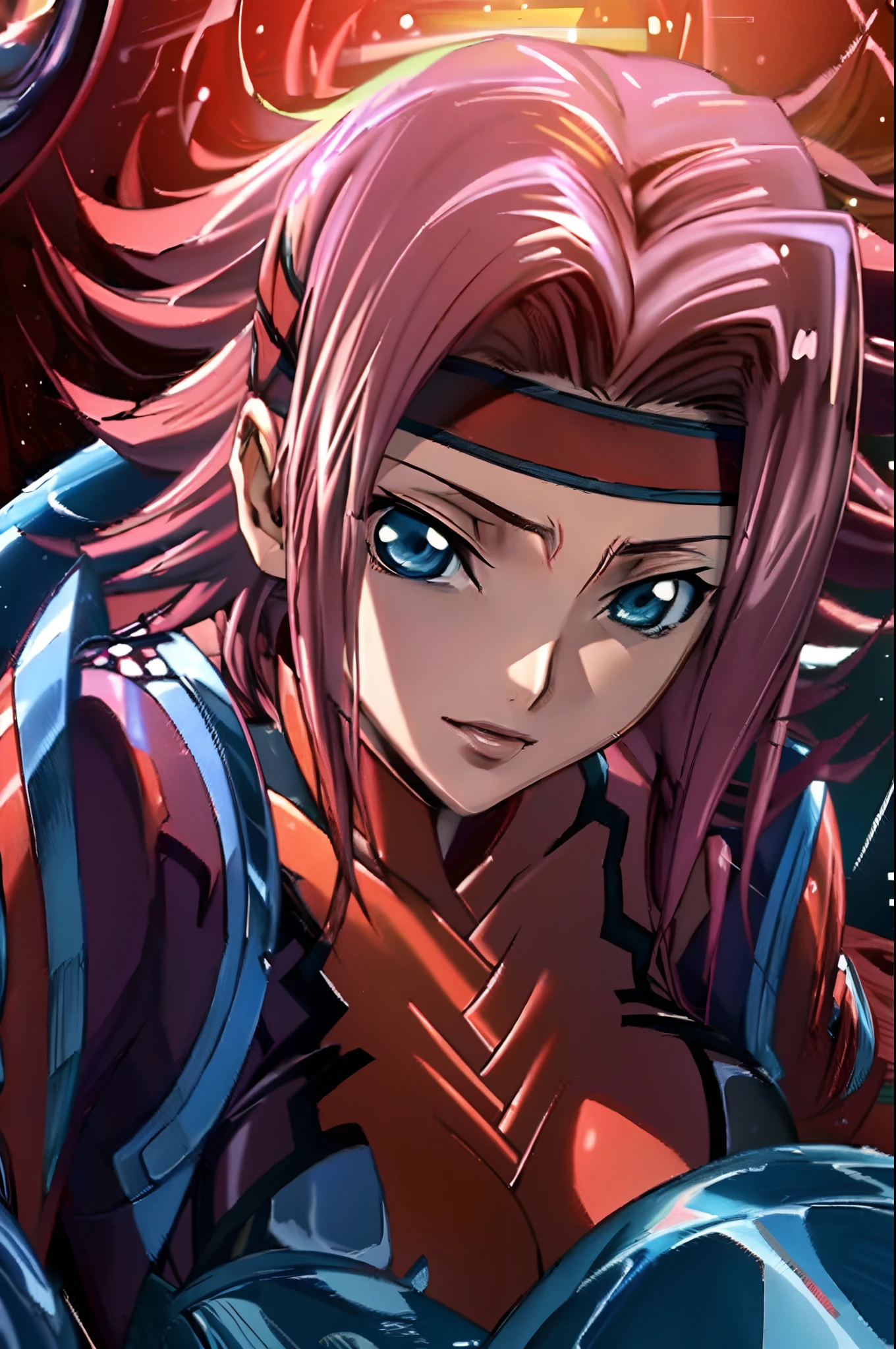 (best quality, masterpiece:1.3),kallencodegeass,(pilotsuitr2:1.3), extremely detailed,1girl,(colorful),(finely detailed beautiful eyes and detailed face),blue eyes,red hair,cinematic lighting,extremely detailed CG unity 8k wallpaper,solo,smile,cockpit,(cowboy shot:1.3),(red headband:1.3)